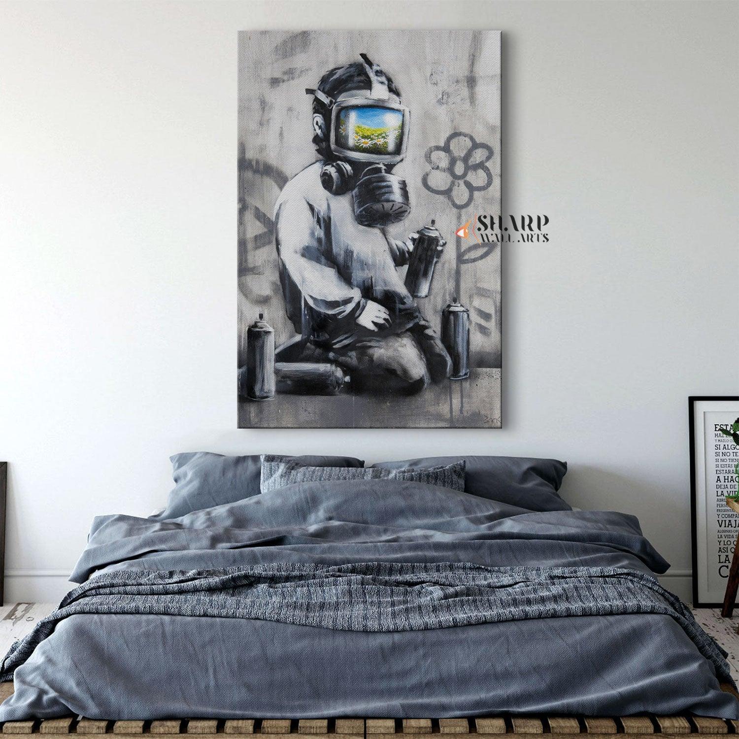 Banksy - Gas Mask Boy Canvas Wall Art - SharpWallArts