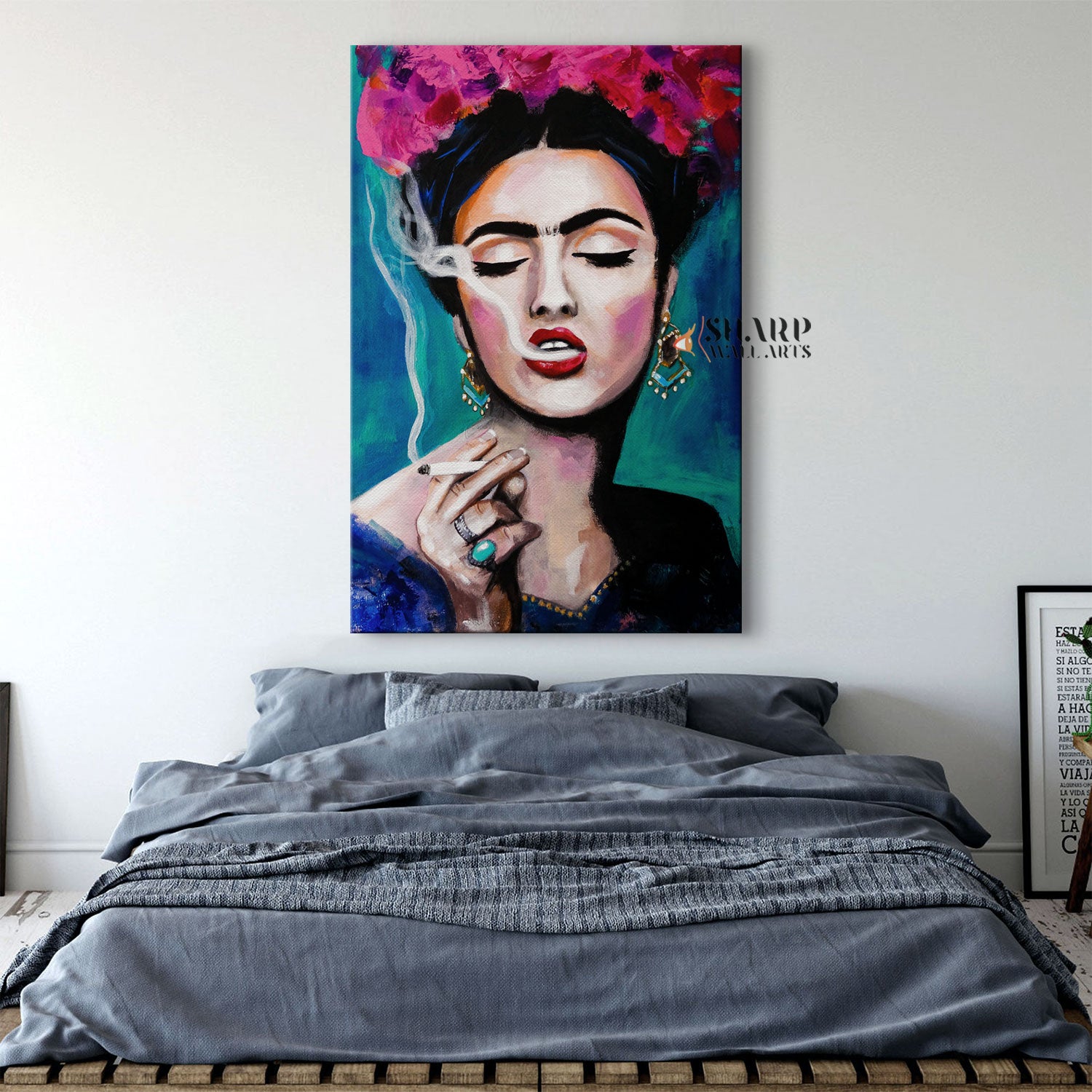 Frida Kahlo Smoking With Pink Flowers in Hair Canvas Wall Art