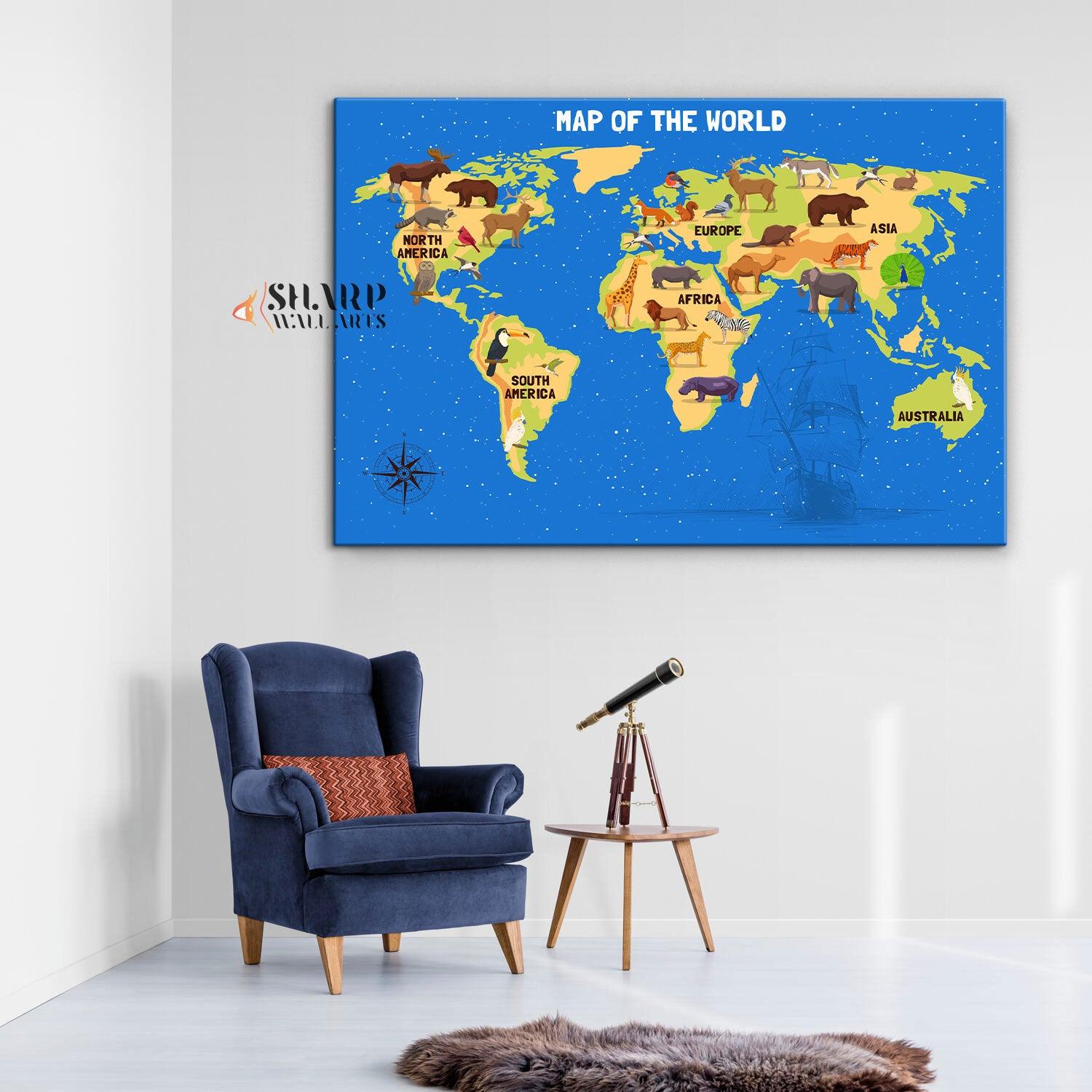 Kids World Map Canvas - Playroom Decor Wall Art - SharpWallArts