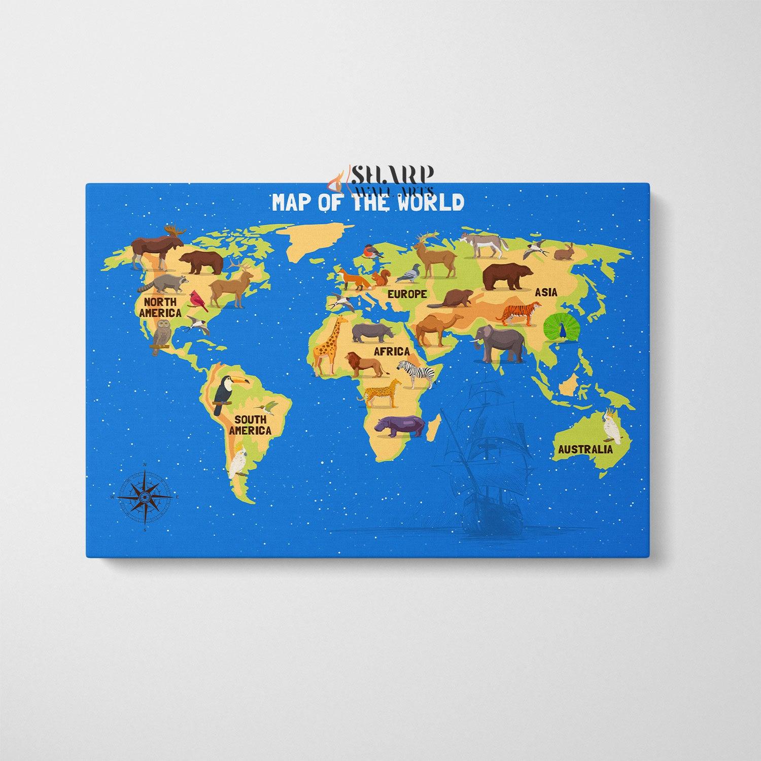 Kids World Map Canvas - Playroom Decor Wall Art - SharpWallArts