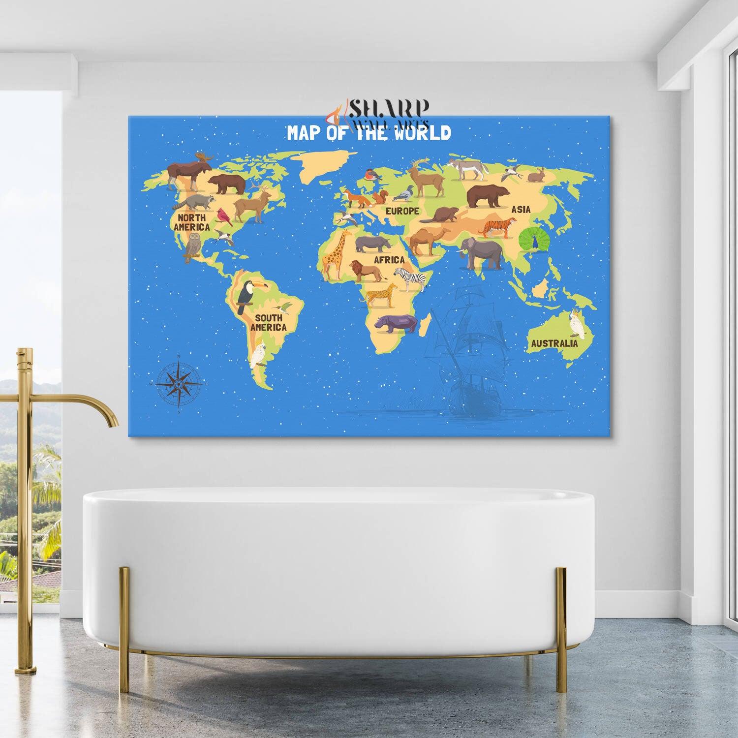 Kids World Map Canvas - Playroom Decor Wall Art - SharpWallArts