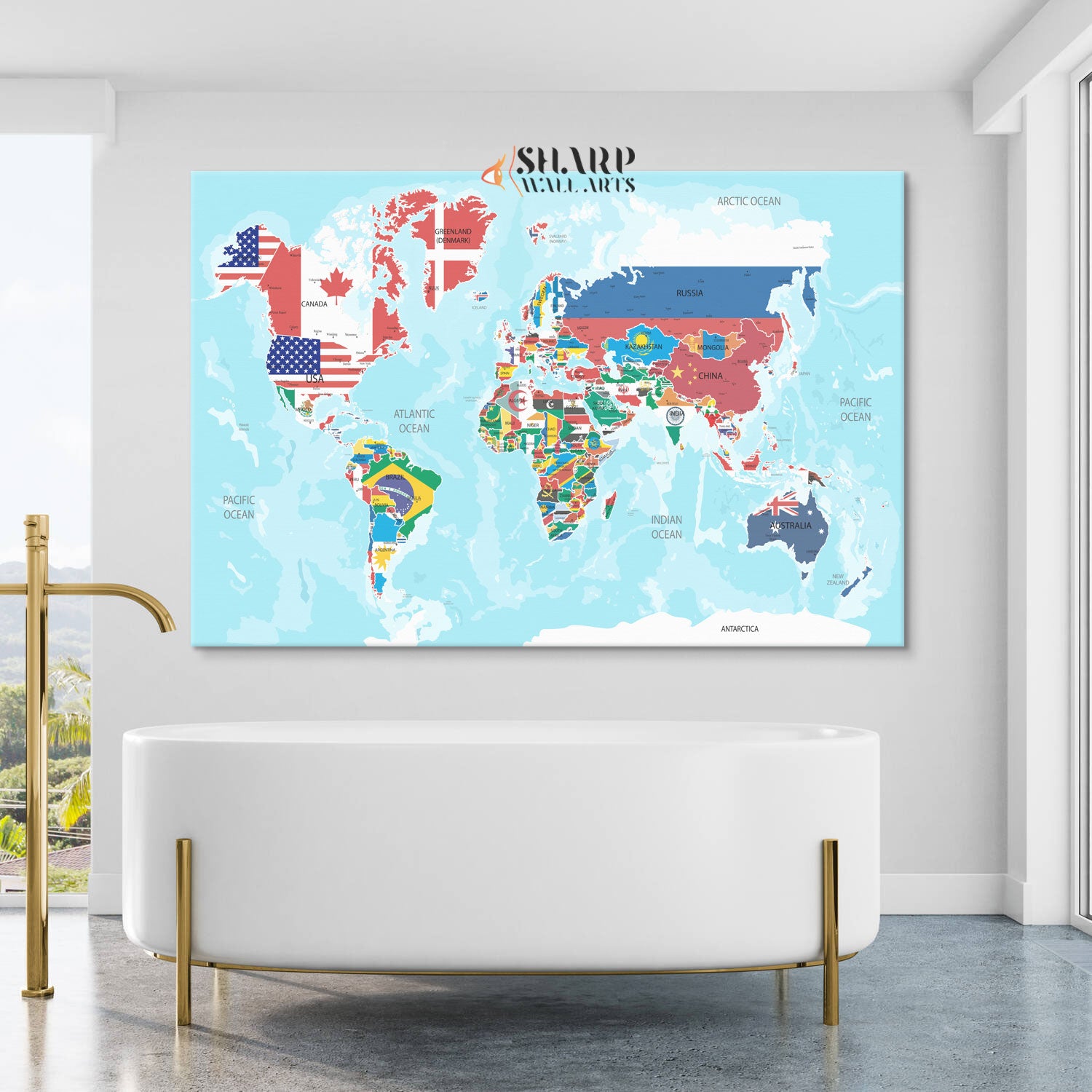 World Map Large Canvas With Countries - Living Room Wall Decor