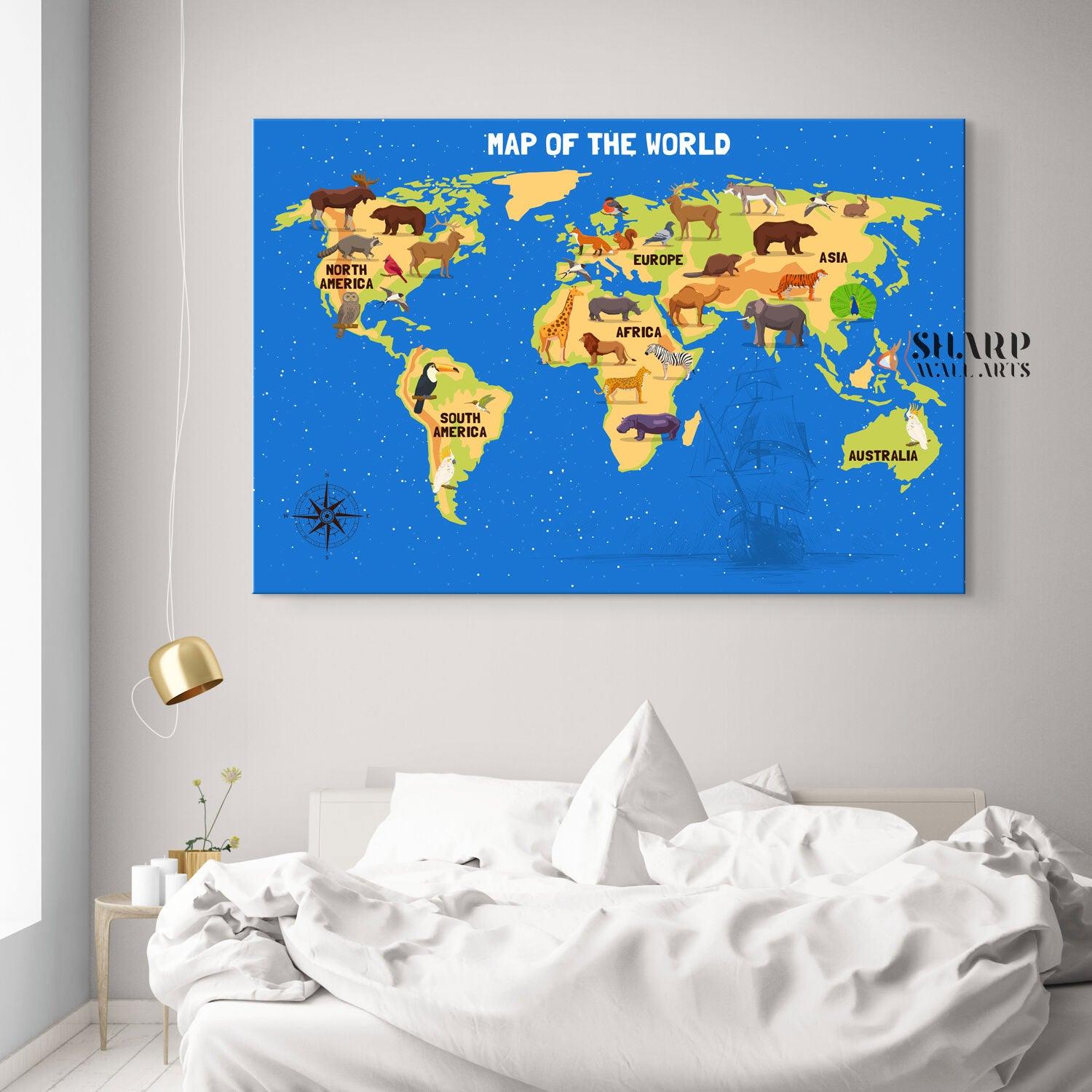 Kids World Map Canvas - Playroom Decor Wall Art - SharpWallArts
