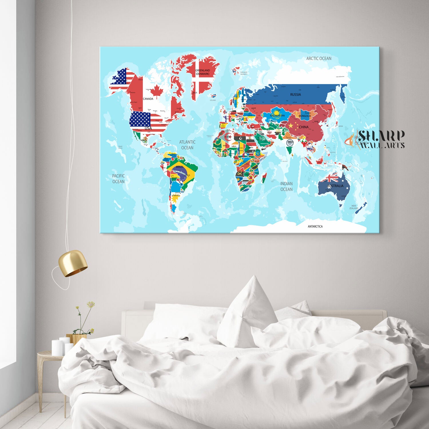 World Map Large Canvas With Countries - Living Room Wall Decor