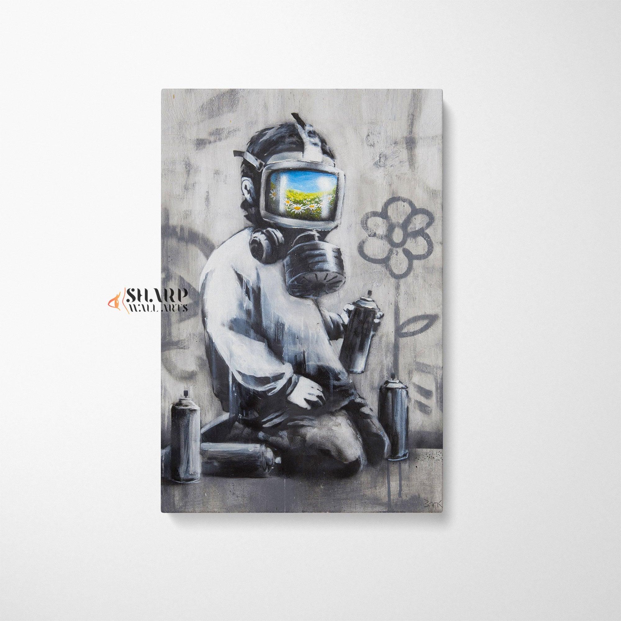 Banksy - Gas Mask Boy Canvas Wall Art - SharpWallArts