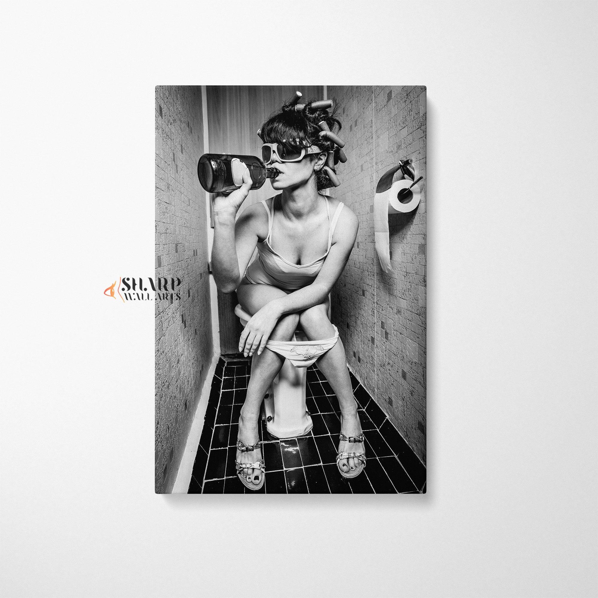 Girl Drinking on Toilet Wall Art Canvas - SharpWallArts