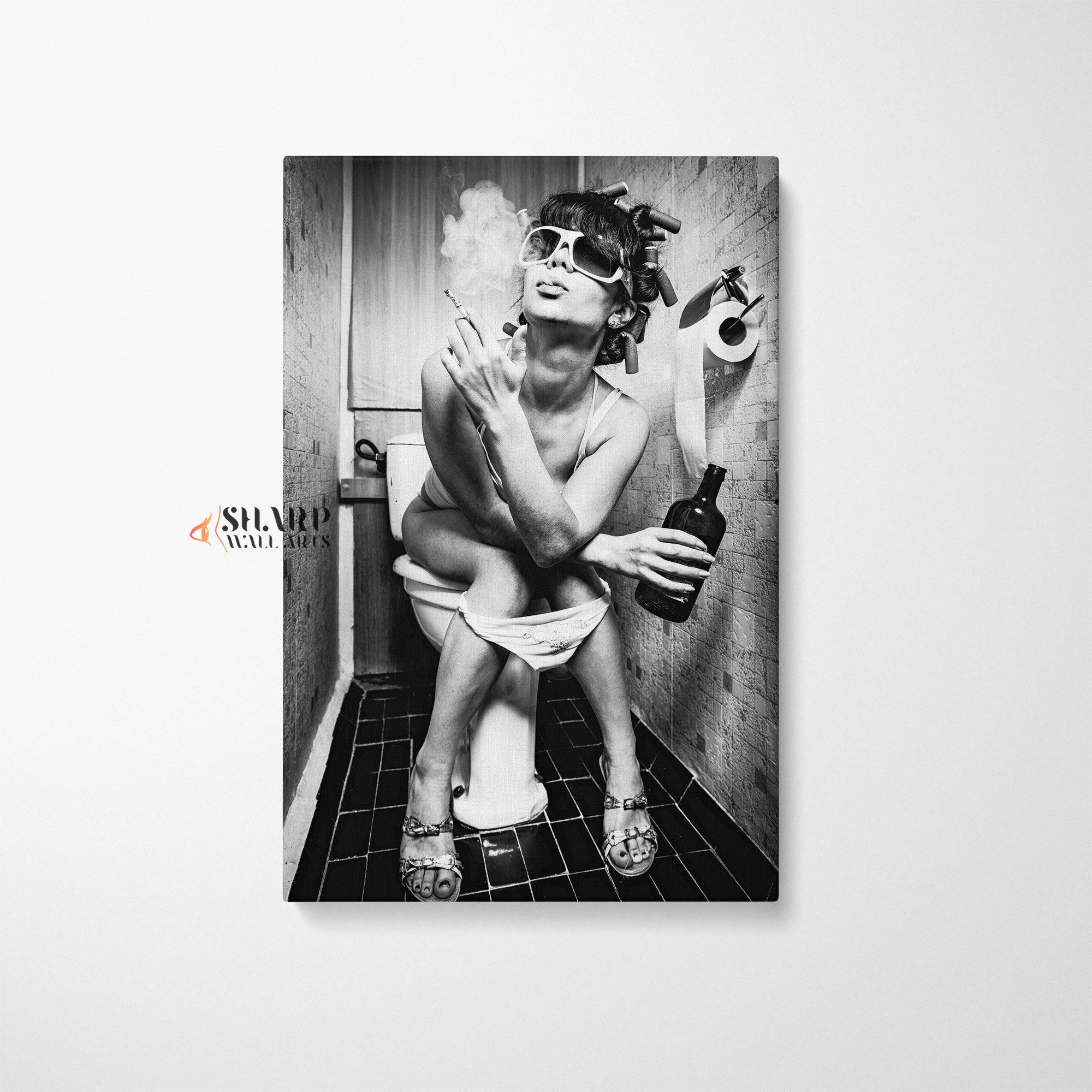 Girl Smoking on Toilet Canvas Wall Art - SharpWallArts