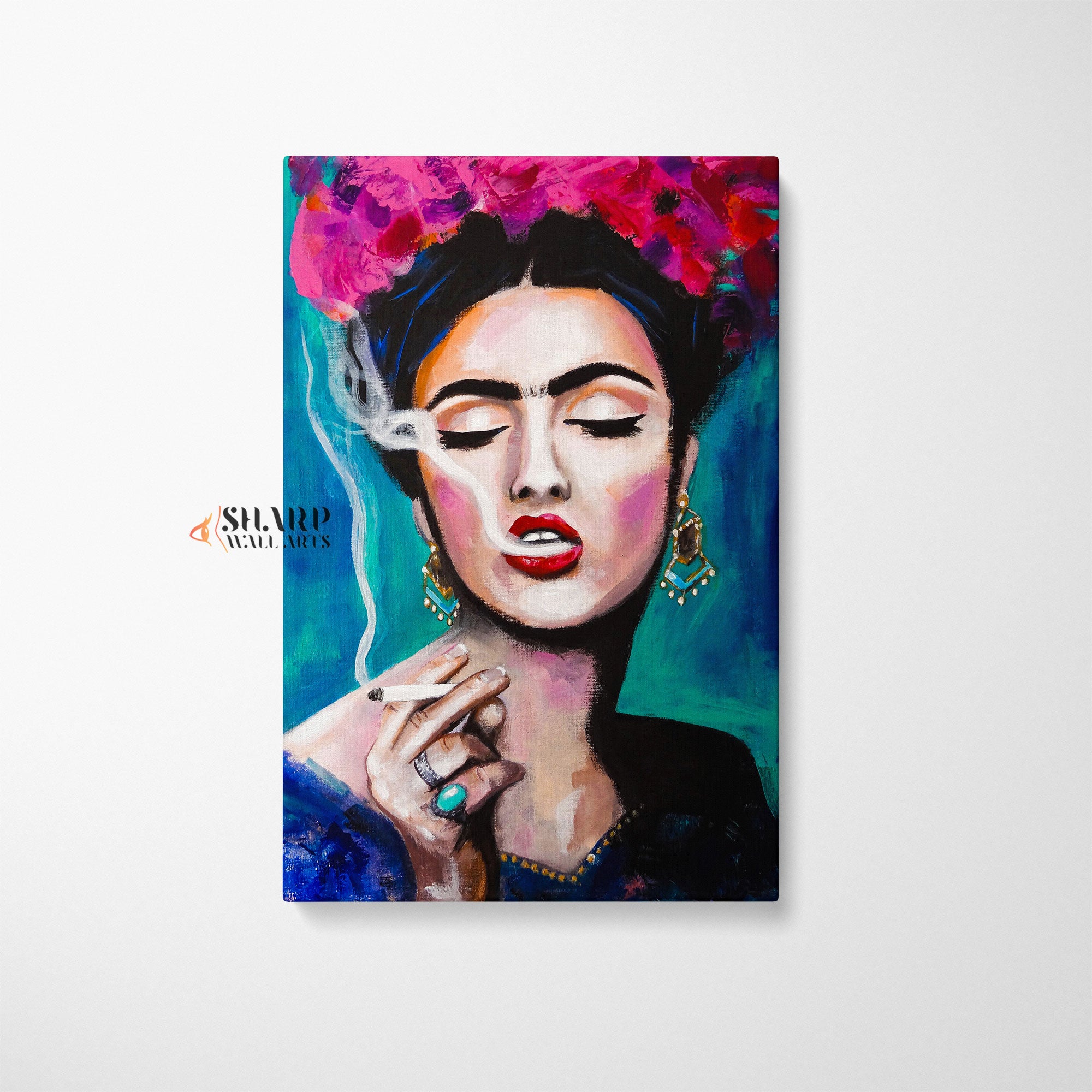 Frida Kahlo Smoking With Pink Flowers in Hair Canvas Wall Art