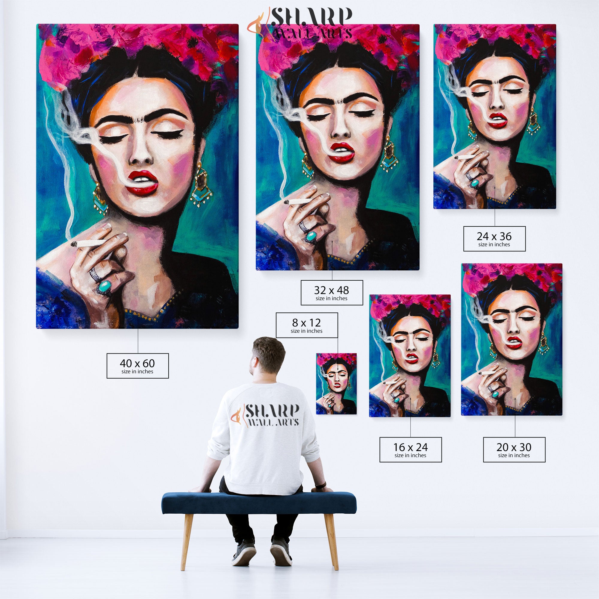 Frida Kahlo Smoking With Pink Flowers in Hair Canvas Wall Art