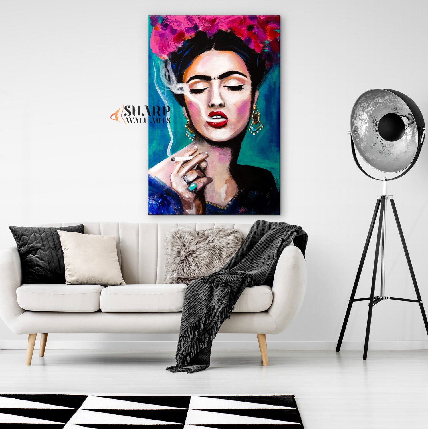 Frida Kahlo Smoking With Pink Flowers in Hair Canvas Wall Art