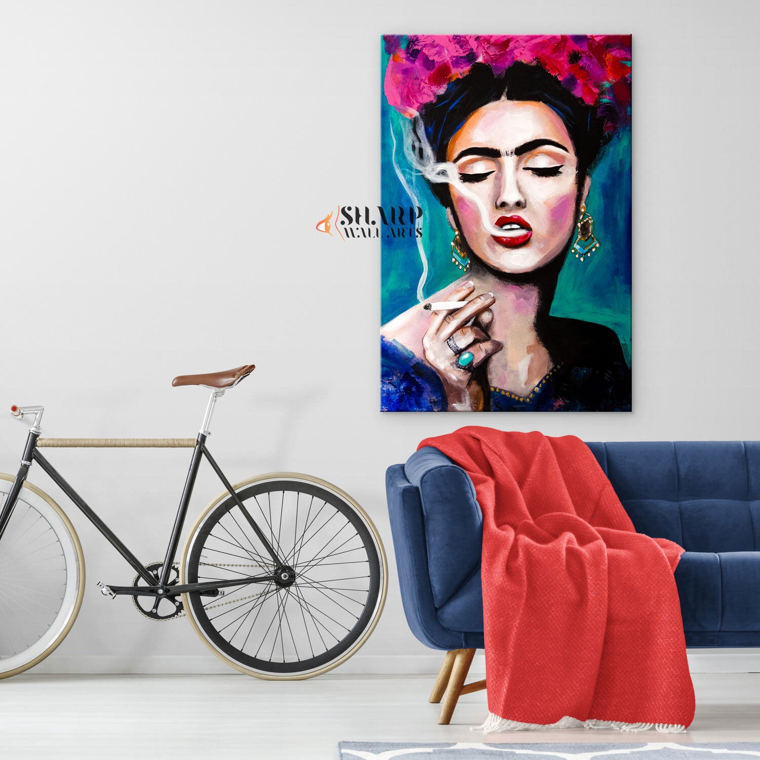 Frida Kahlo Smoking With Pink Flowers in Hair Canvas Wall Art