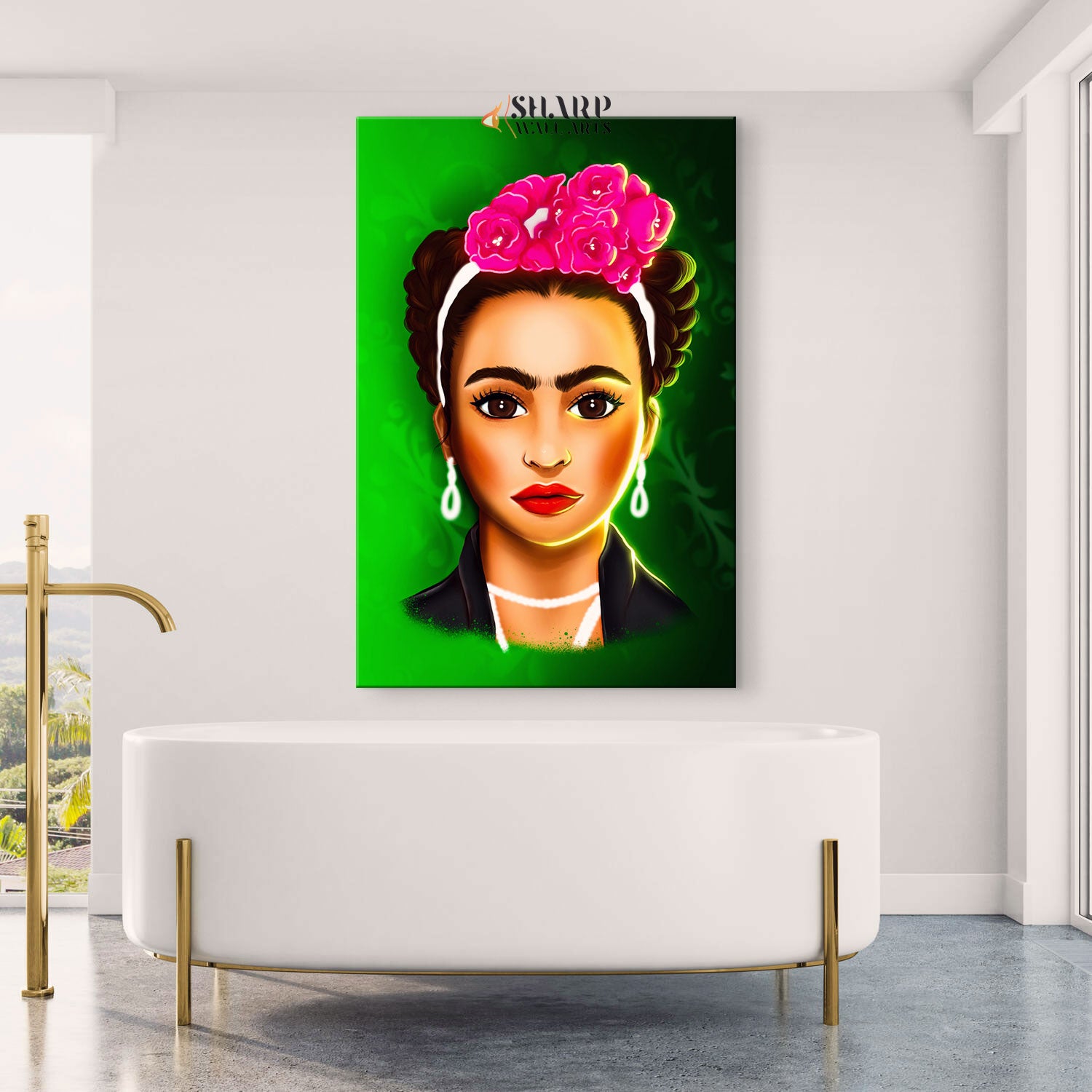 Frida Kahlo Cartoon Character Green Canvas Wall Art