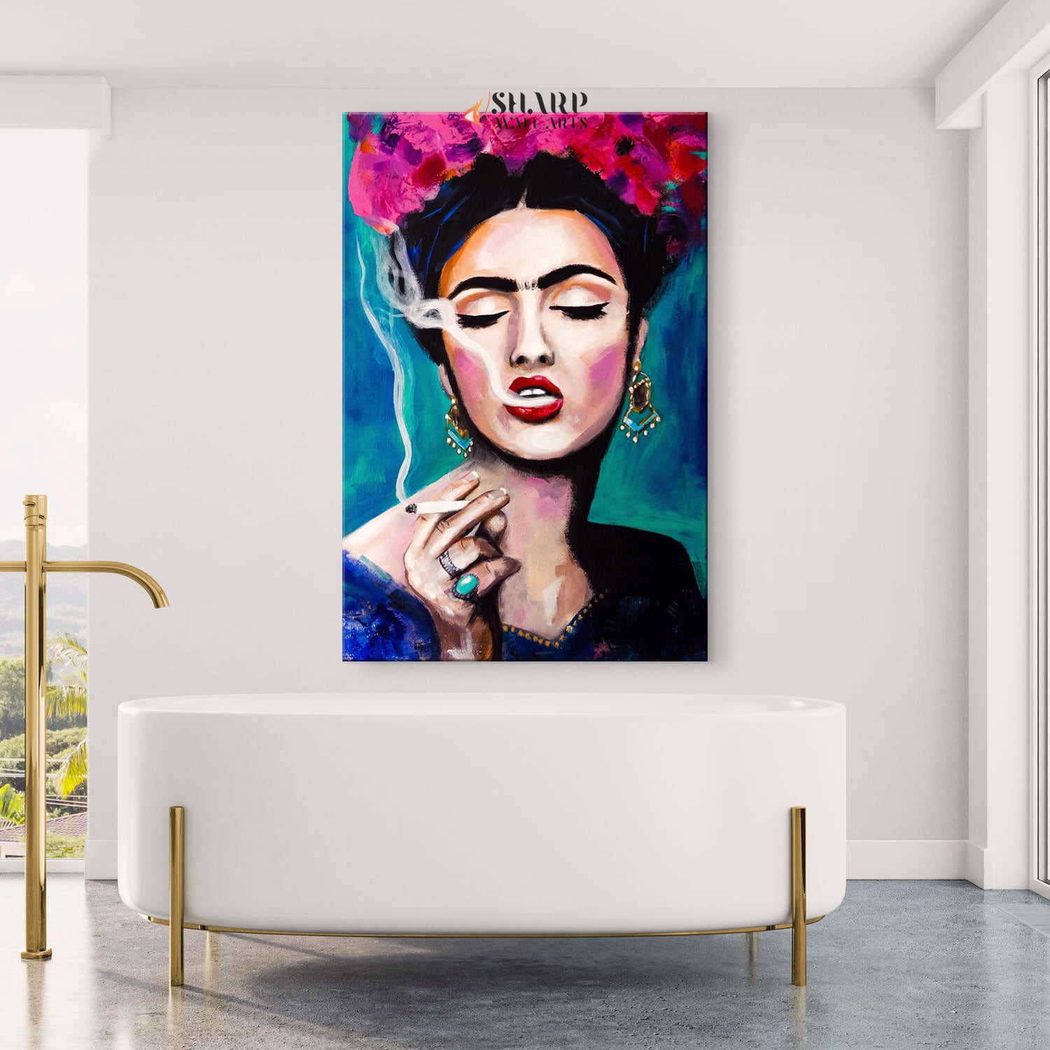 Frida Kahlo Smoking With Pink Flowers in Hair Canvas Wall Art