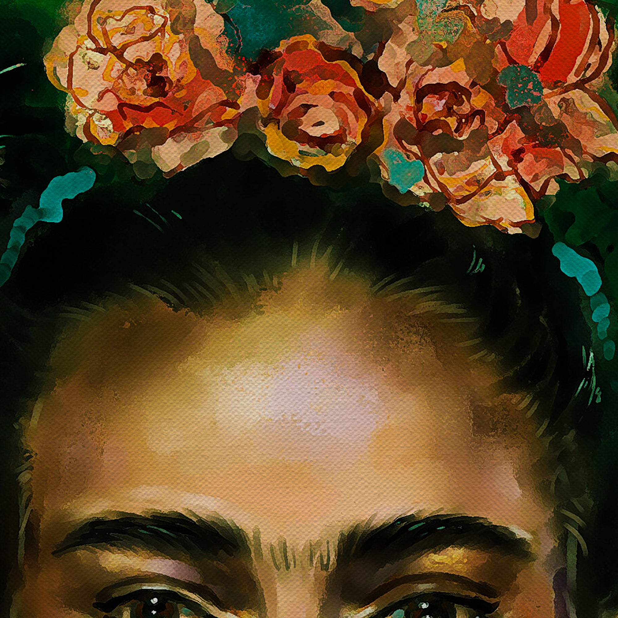 Frida Kahlo Portrait With Orange Flowers In Hair Canvas Wall Art