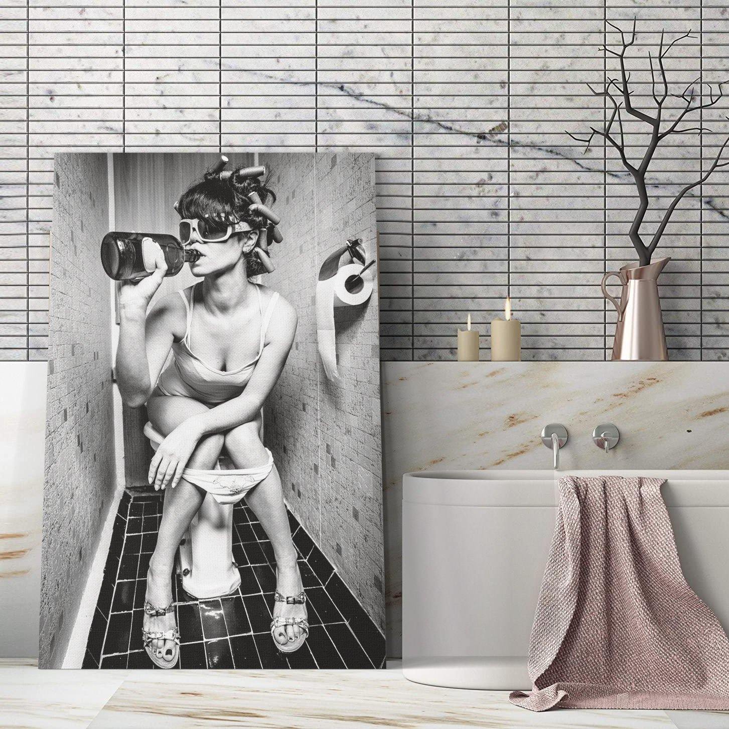 Girl Drinking on Toilet Wall Art Canvas - SharpWallArts