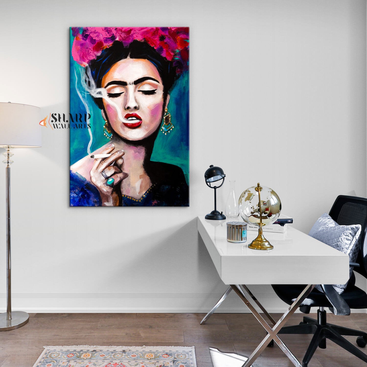 Frida Kahlo Smoking With Pink Flowers in Hair Canvas Wall Art