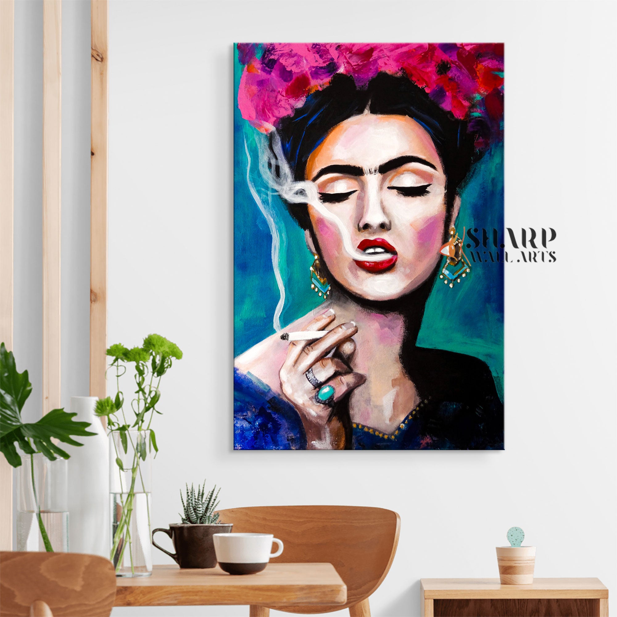 Frida Kahlo Smoking With Pink Flowers in Hair Canvas Wall Art