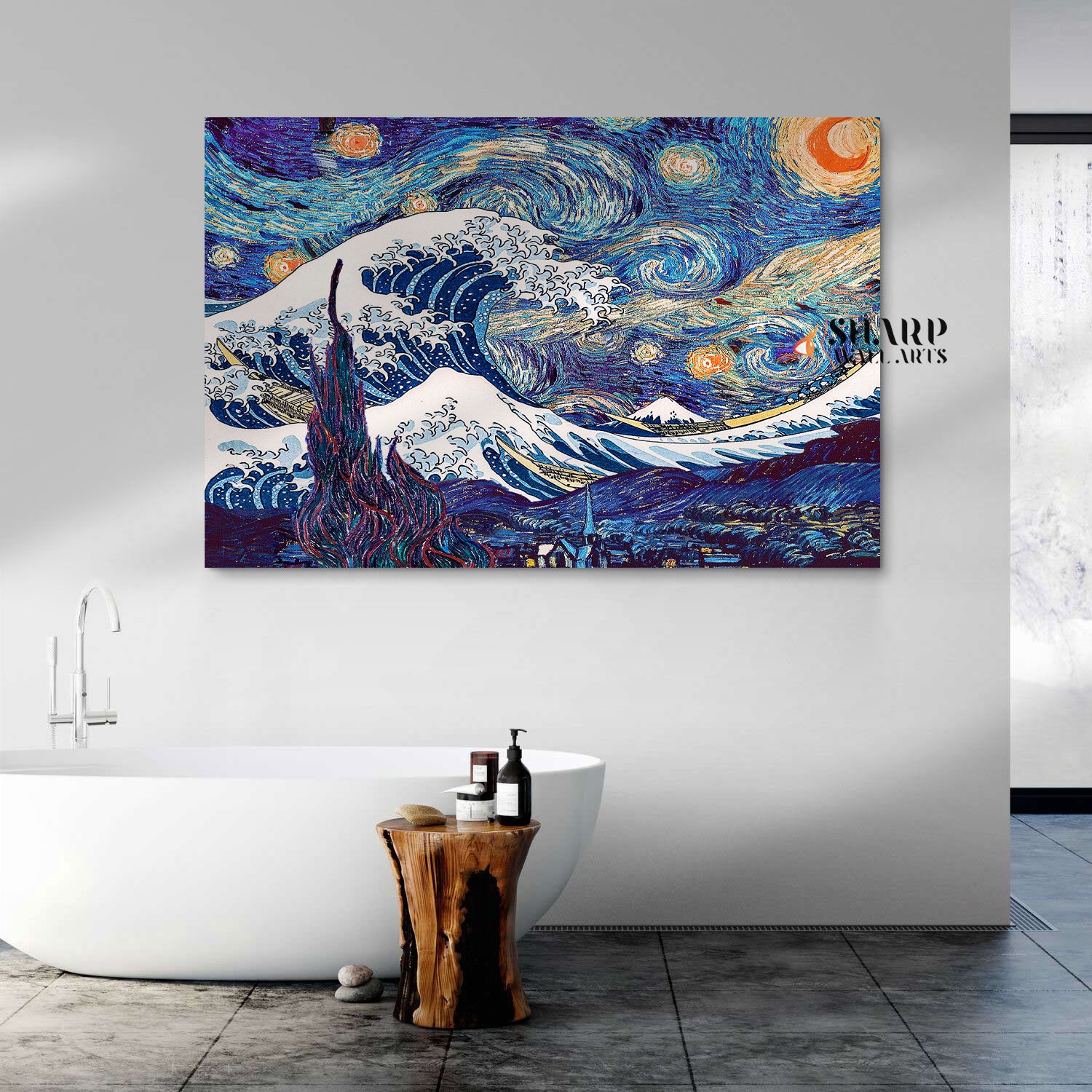 Van Gogh Starry Night And Great Wave Of Kanagawa Canvas Wall Art