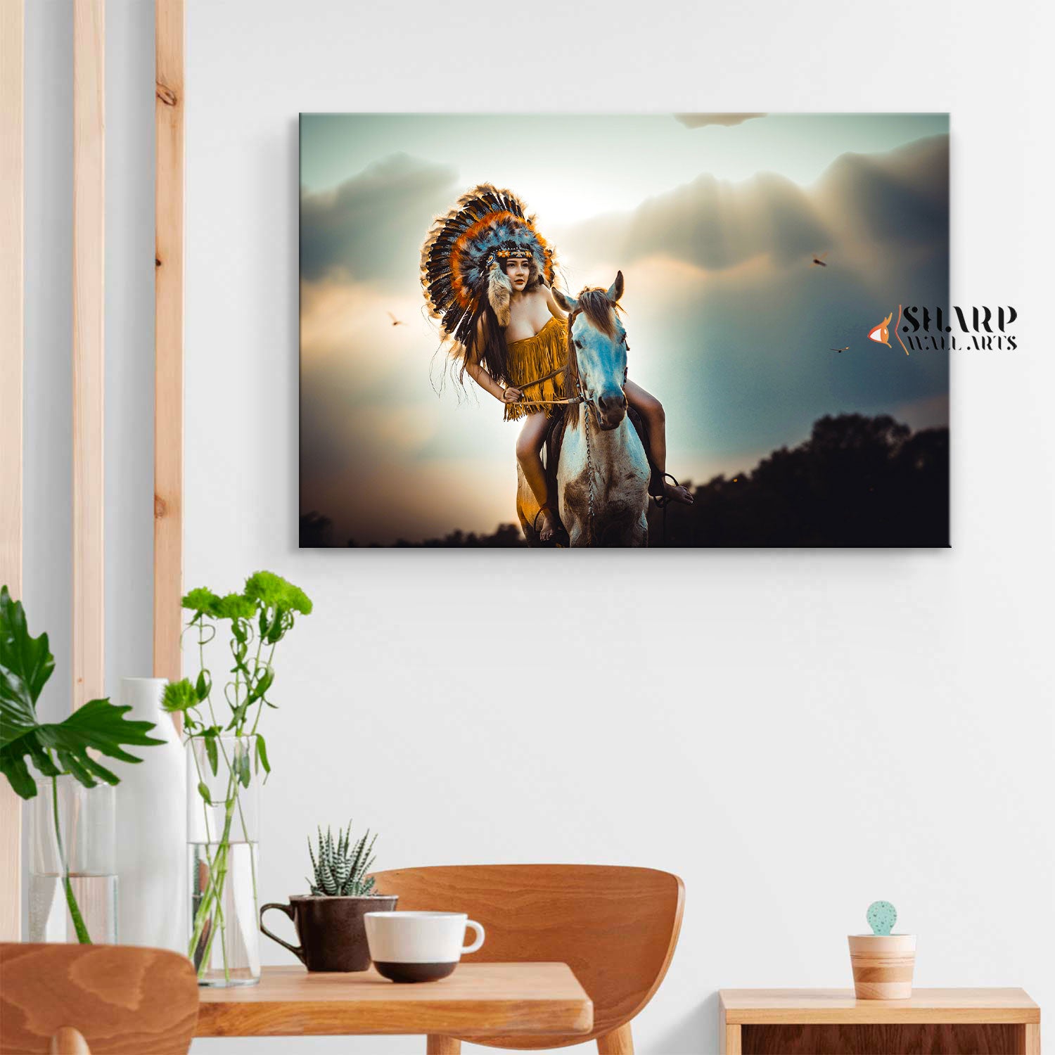 Native American Indian Riding A Horse Canvas Wall Art