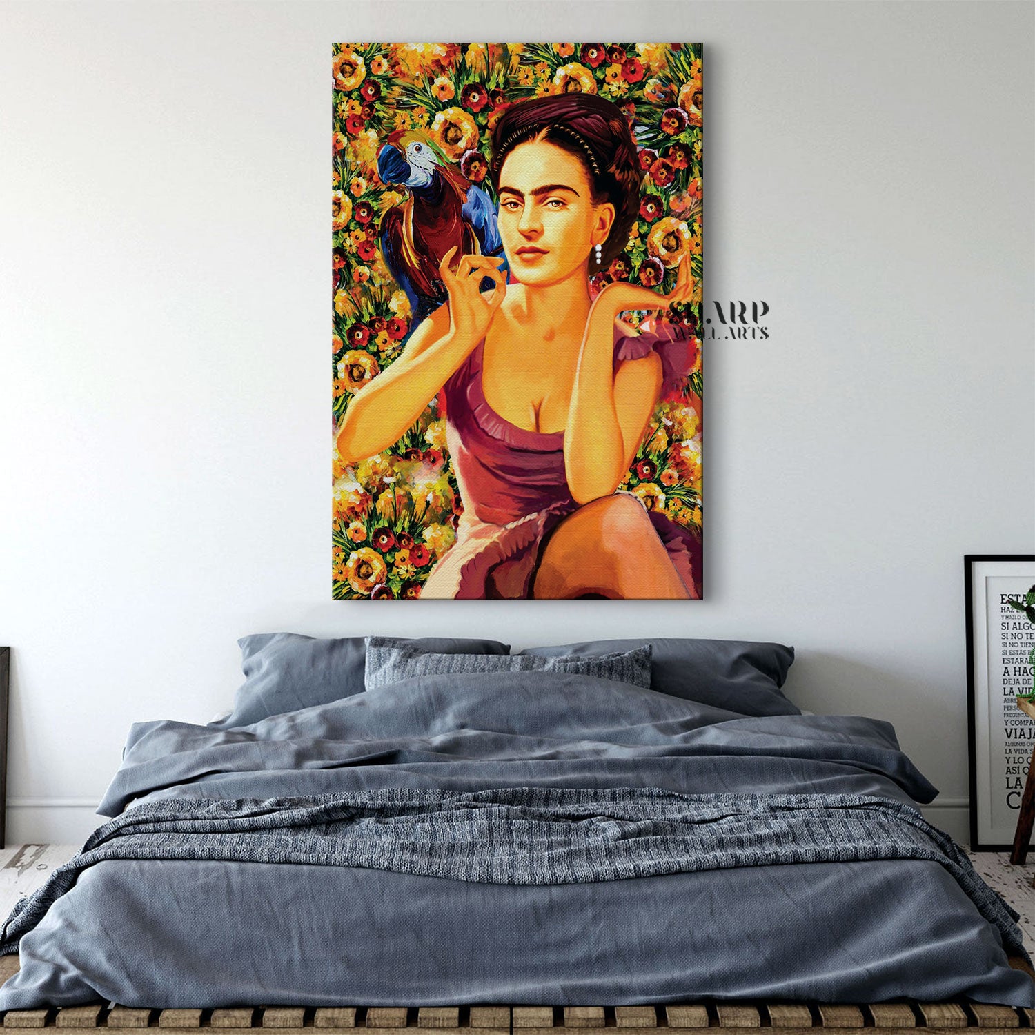 Frida Kahlo Parrot And Flowers Canvas Wall Art