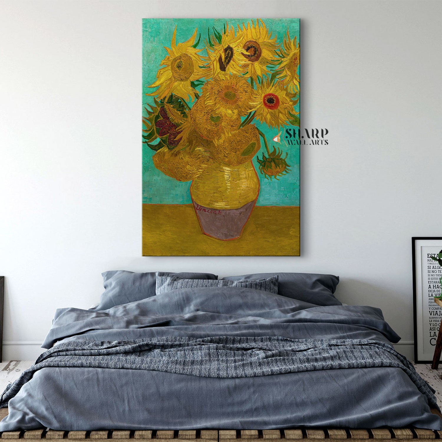 Vincent van Gogh Sunflowers On Blue Canvas Wall Art