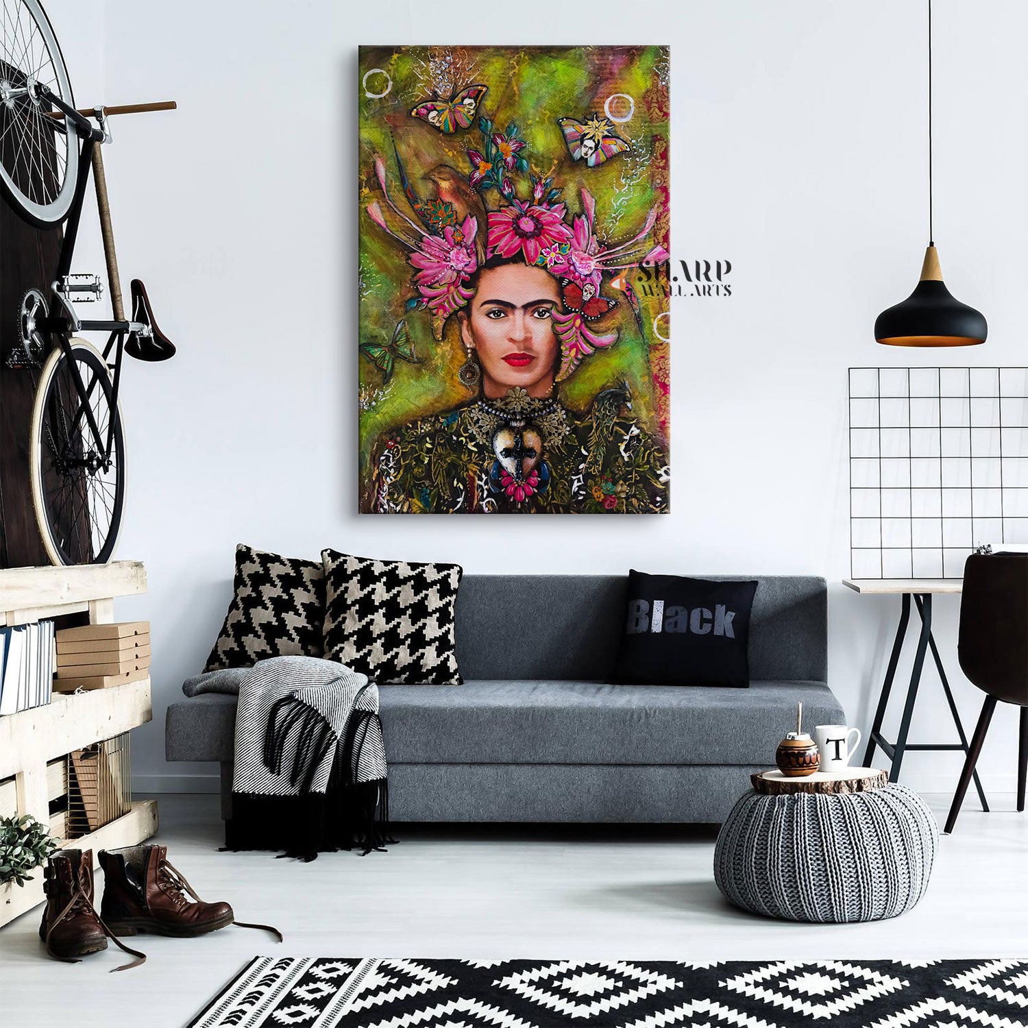 Frida Kahlo Butterfly And Flowers Canvas Wall Art