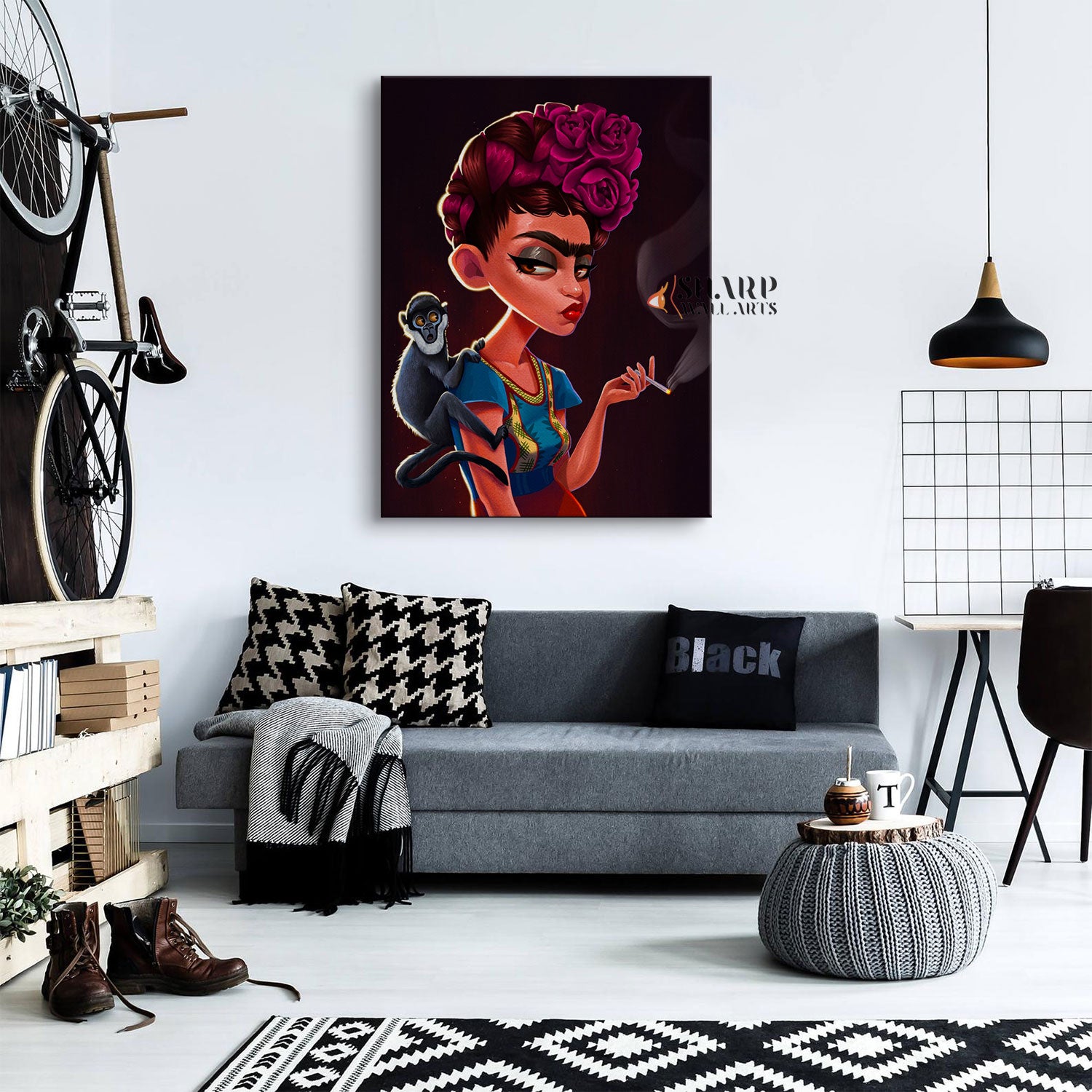 Frida Kahlo Smoking with Monkey Canvas Wall Art