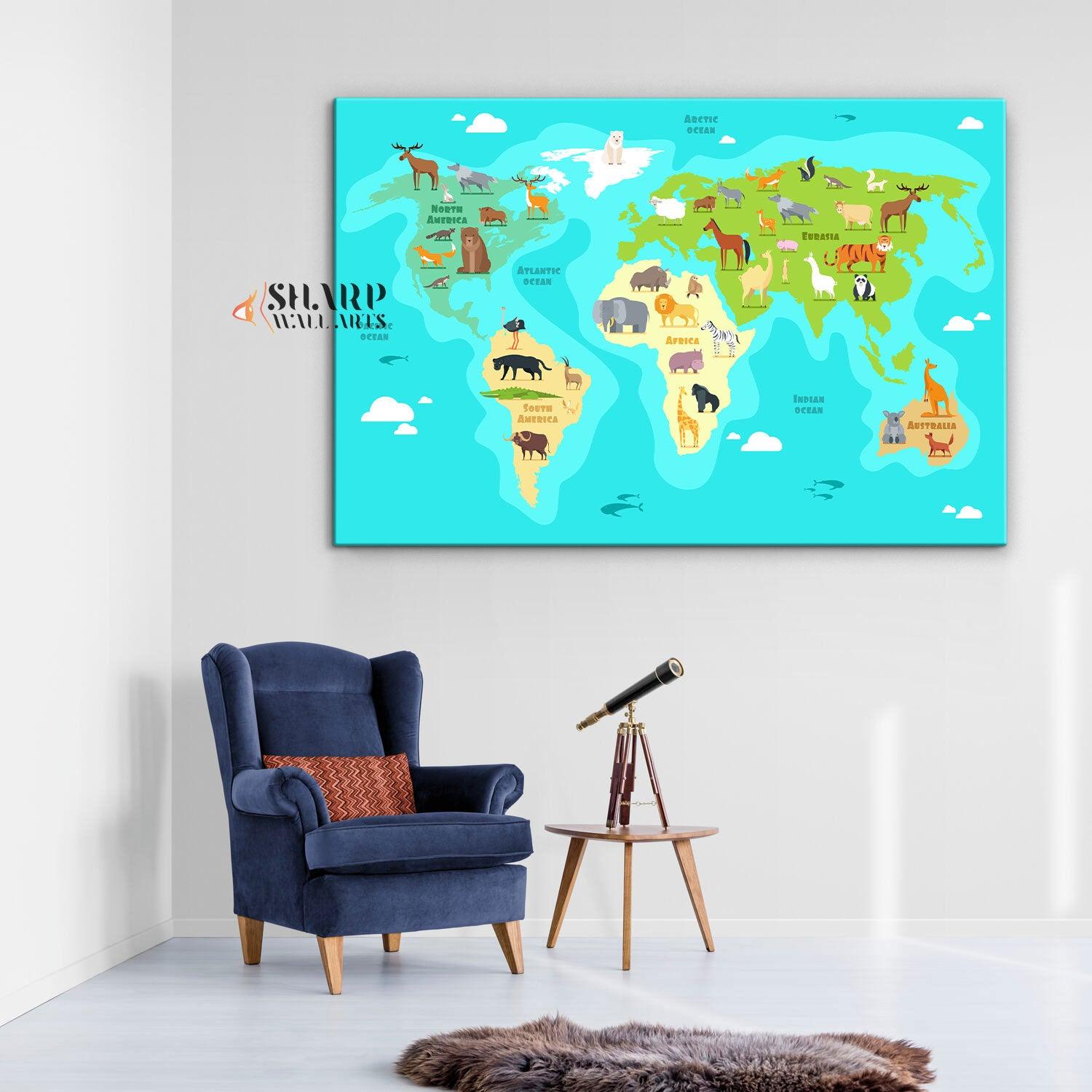 Kids World Map Canvas - Nursery Wall Art - SharpWallArts
