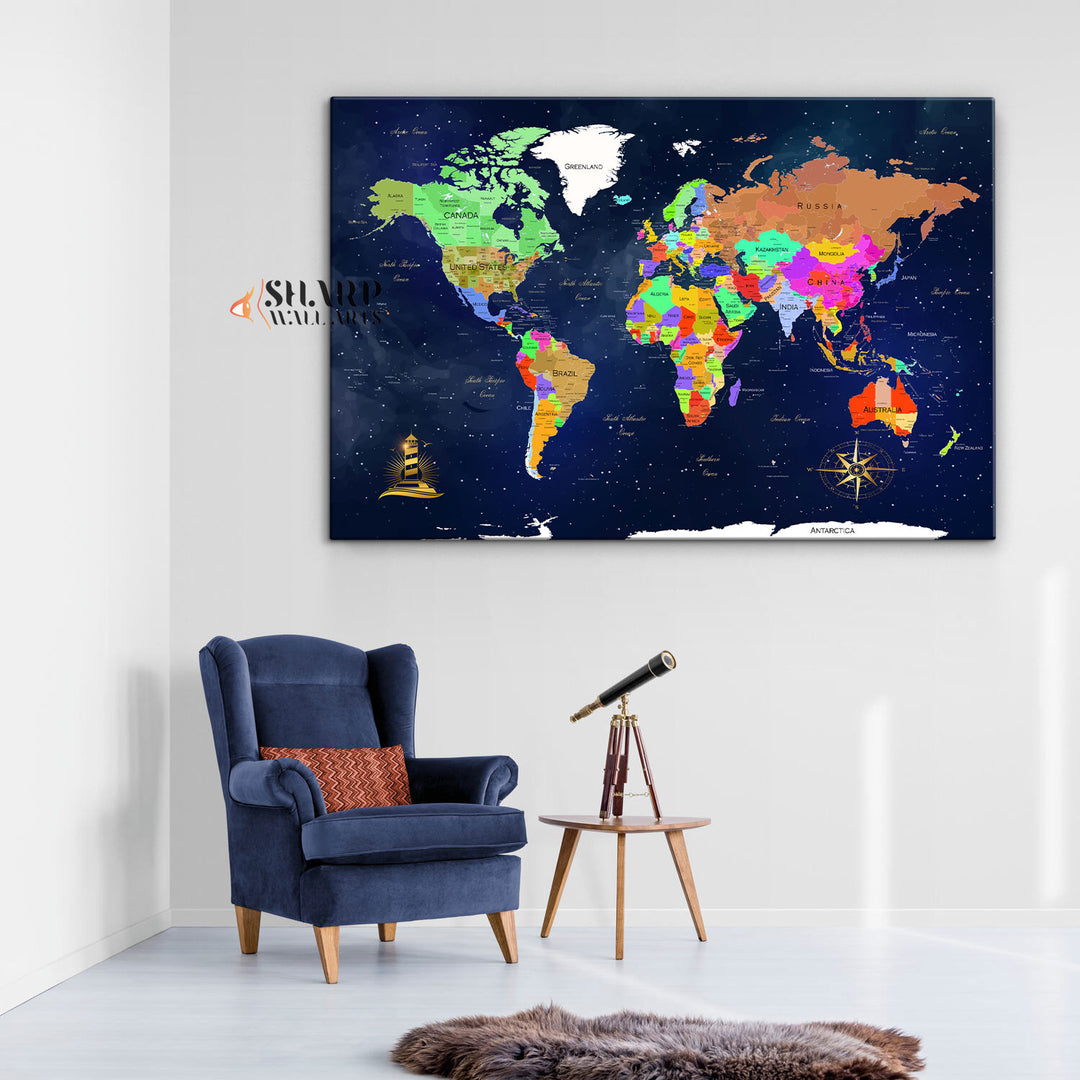 World Map Wall Art Navy - Living Room Wall Decor – SharpWallArts