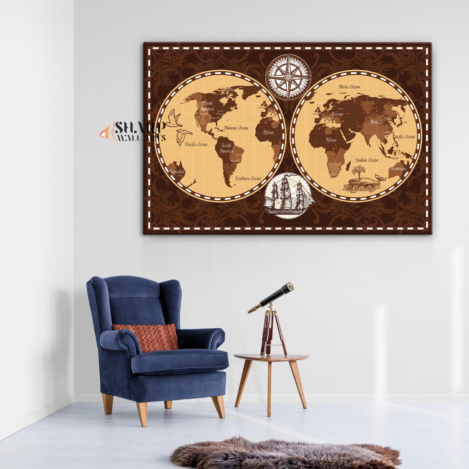 Antique World Map Wall Art - Old Fashioned World Map - SharpWallArts