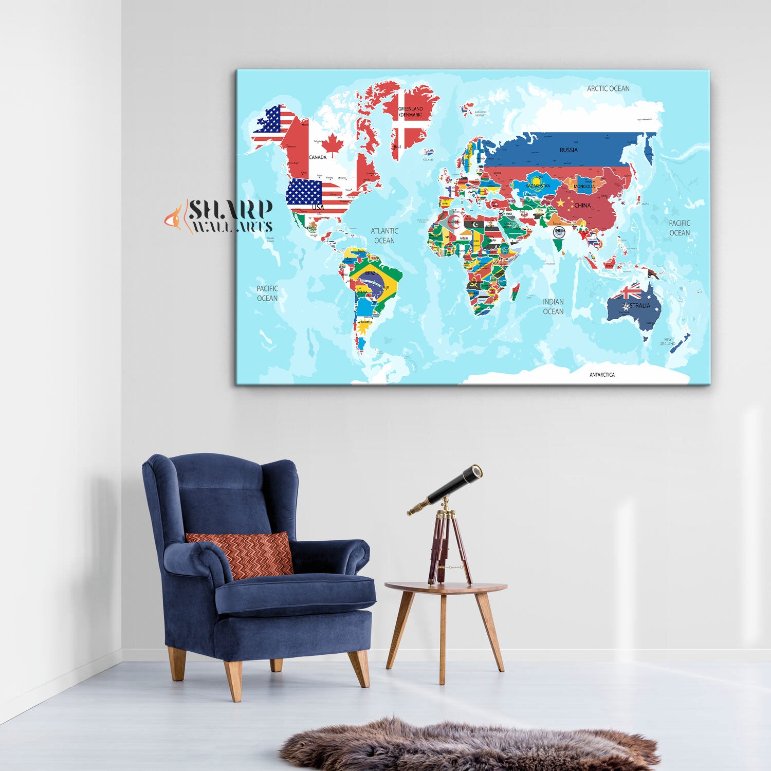 World Map Large Canvas With Countries - Living Room Wall Decor