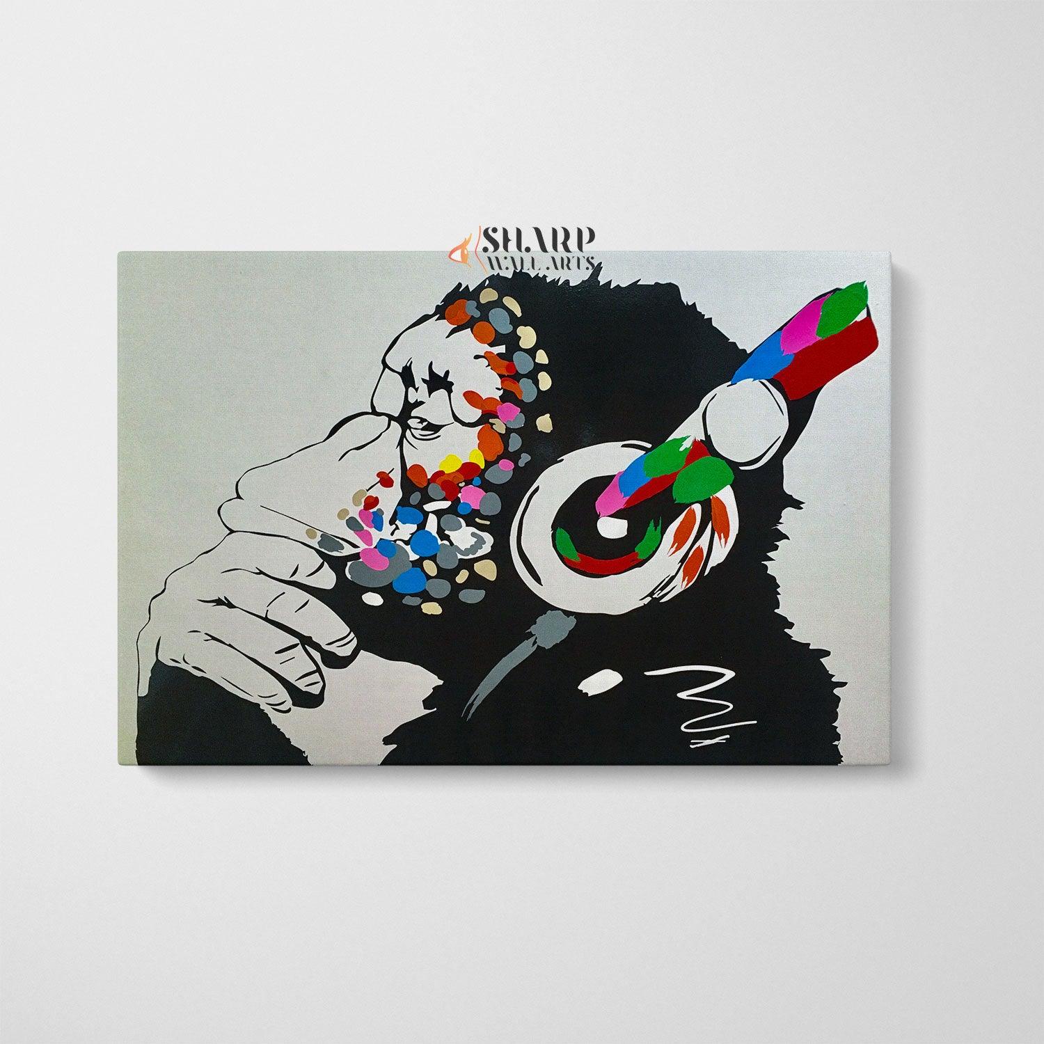 Banksy - Thinking Monkey Headphones Wall Art Canvas Print - SharpWallArts