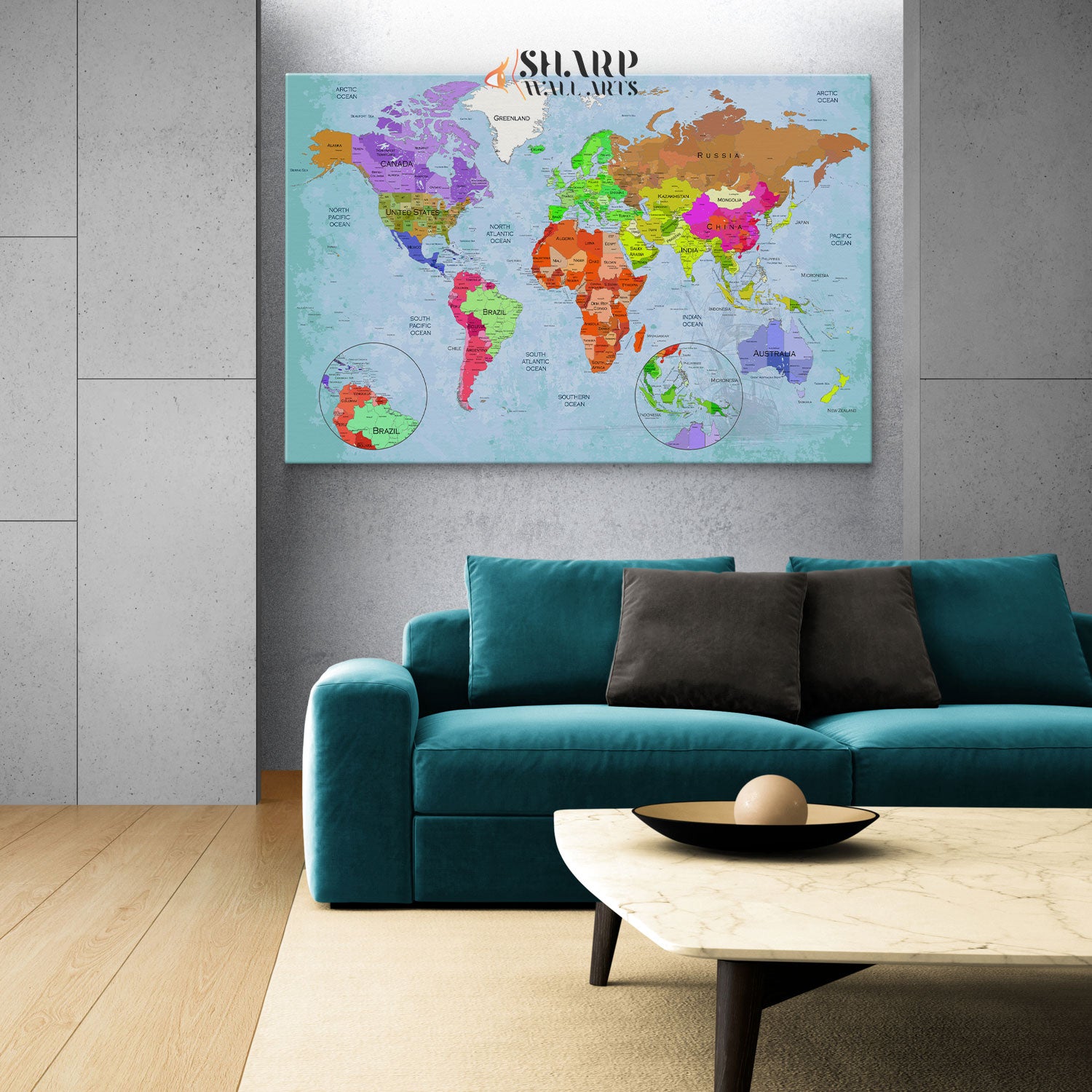 World Map Wall Art Canvas - Living Room Decor