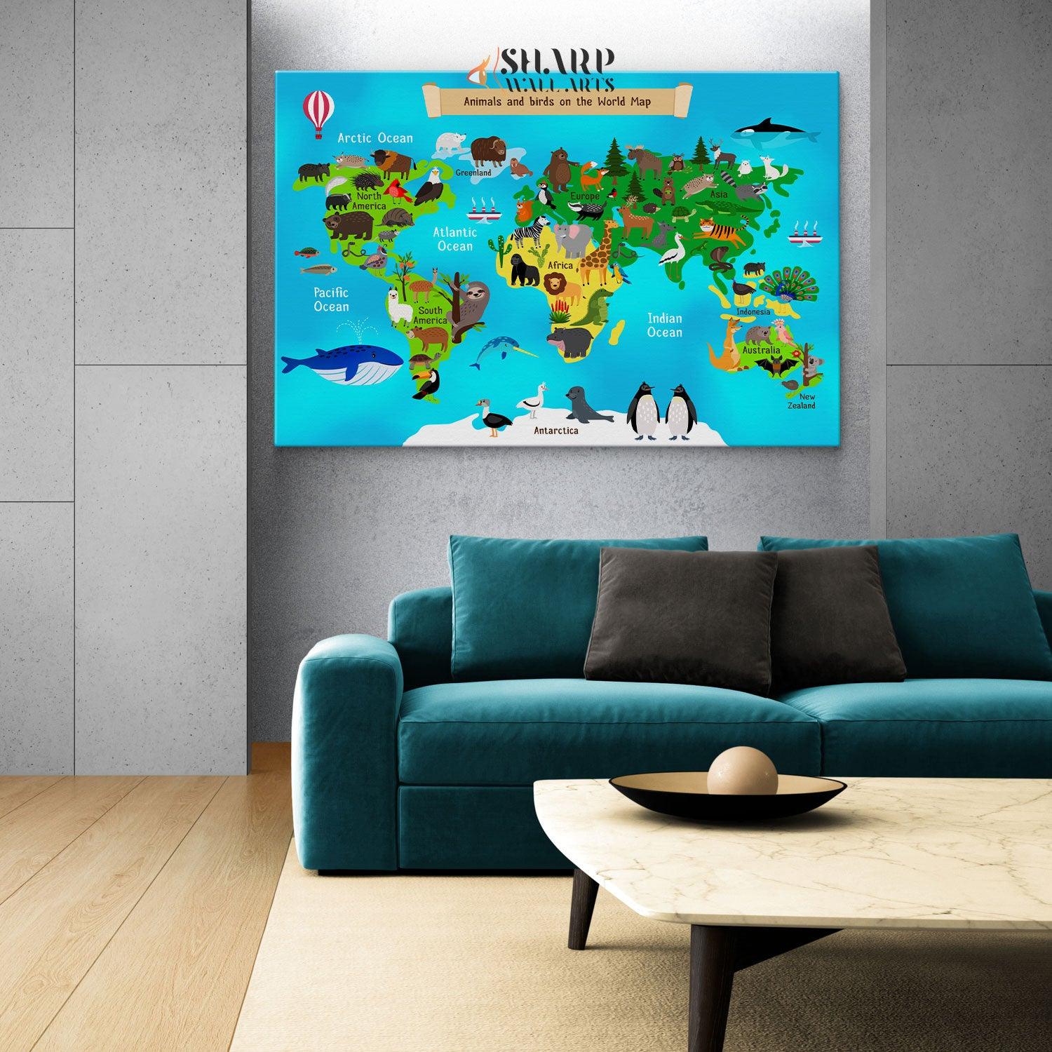 Kids Wall Art World Map - Animal World Map - SharpWallArts
