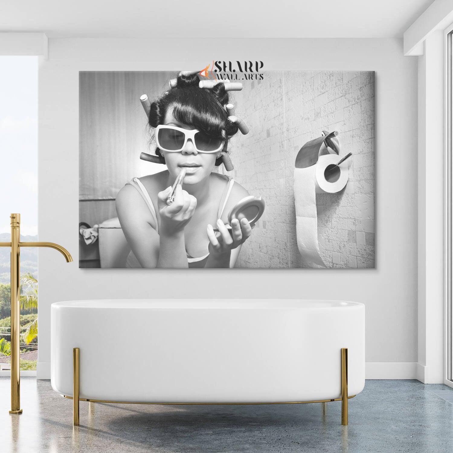 Girl Putting On Makeup Sits In The Toilet Canvas Wall Art - SharpWallArts