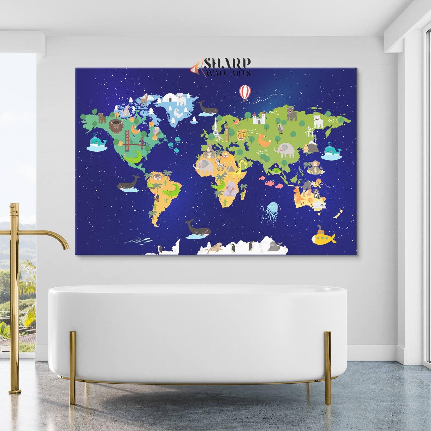 Animal World Map Nursery - Kids World Map Wall Art - SharpWallArts