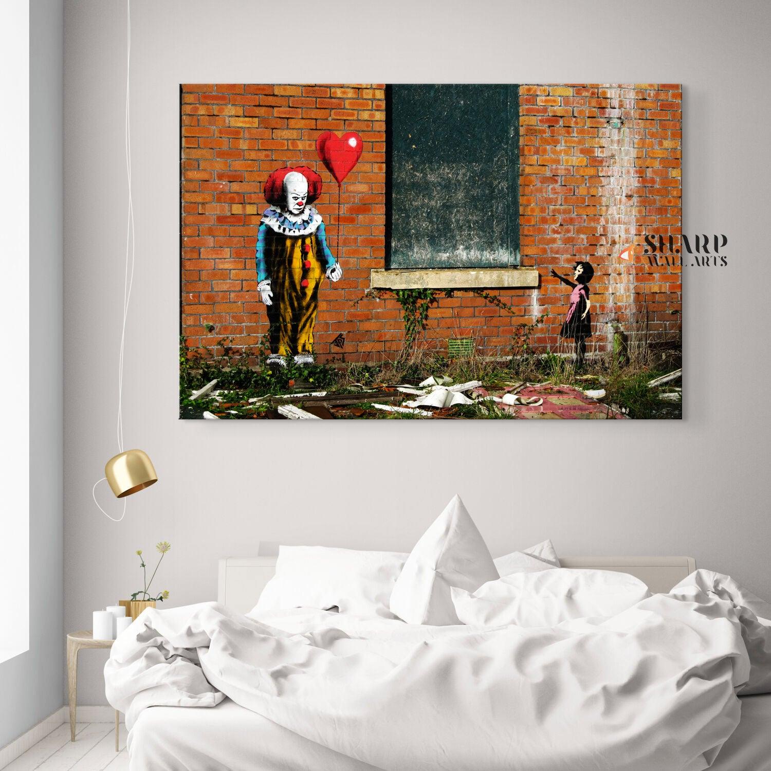Pennywise Clown vs Banksy Girl with Balloon Wall Art Canvas - SharpWallArts
