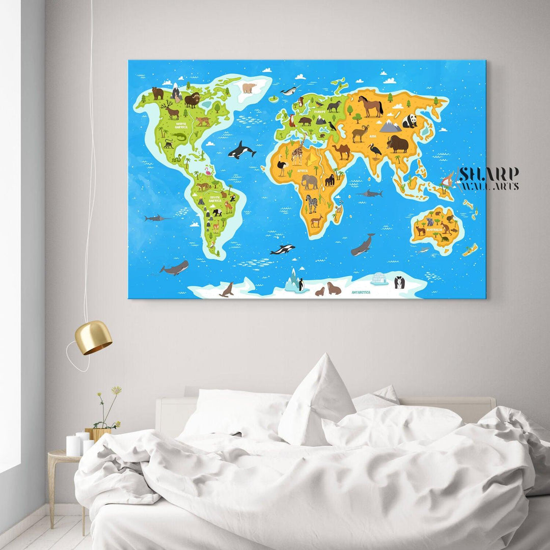 Animal World Map Print Children's Room Decor SharpWallArts