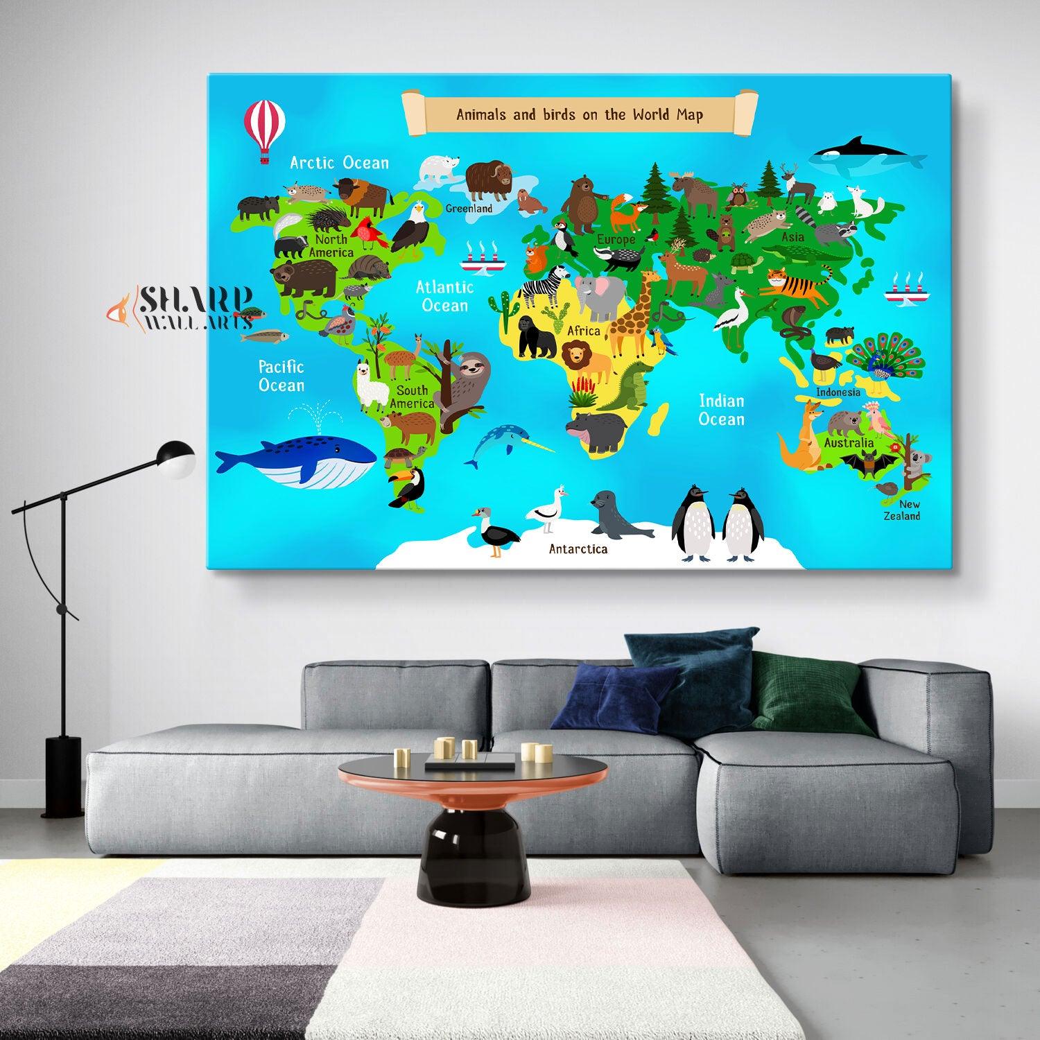 Kids Wall Art World Map - Animal World Map - SharpWallArts