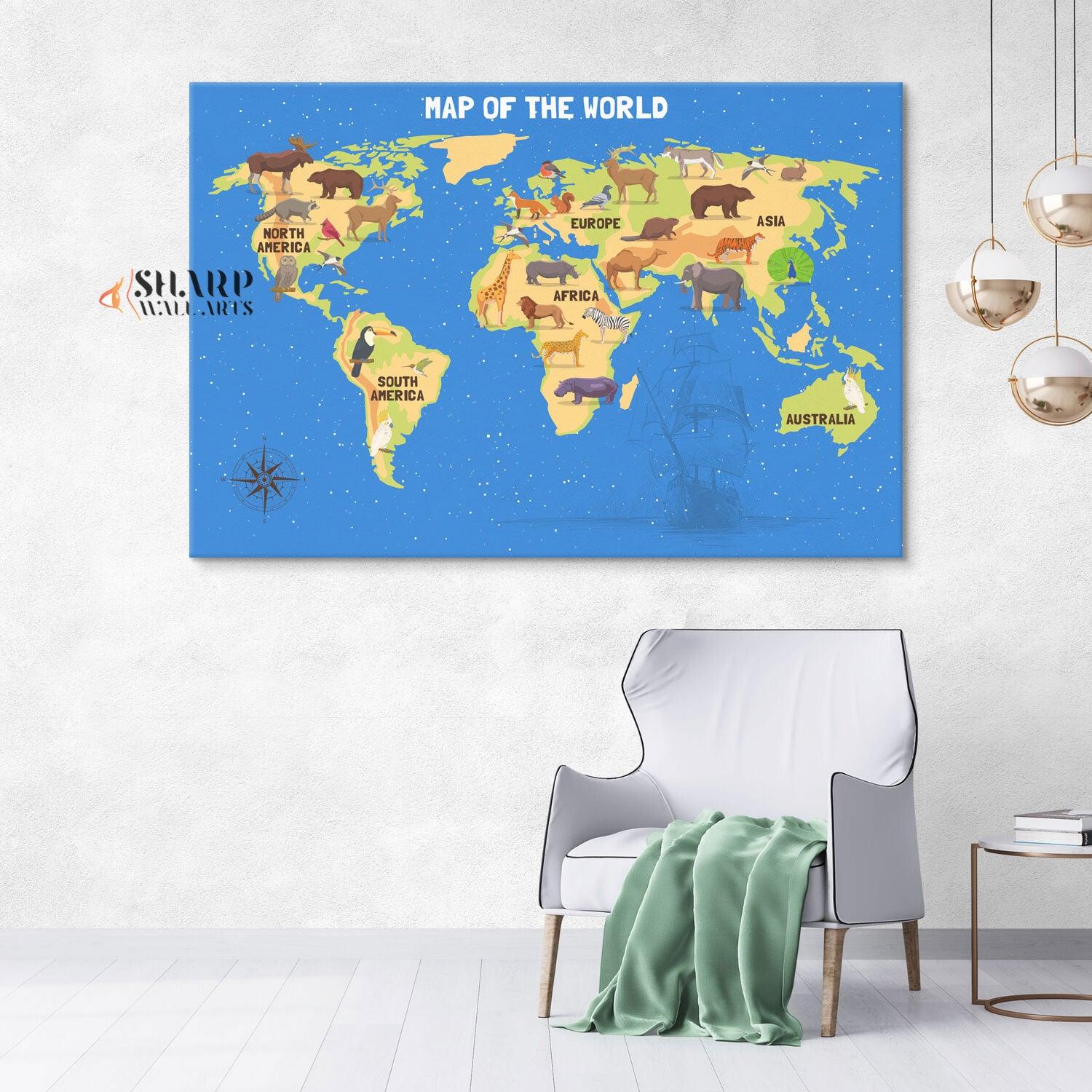 Kids World Map Canvas - Playroom Decor Wall Art - SharpWallArts