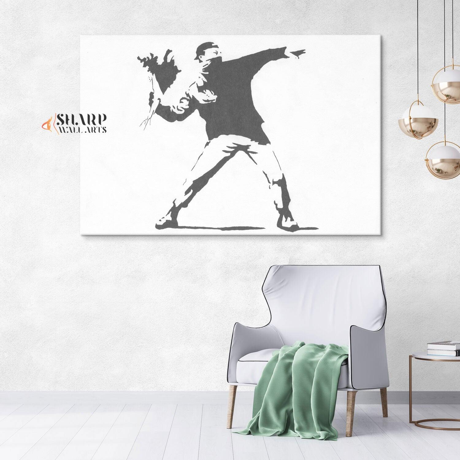 Banksy - Flower Thrower (Love Is In The Air) Canvas Wall Art - SharpWallArts