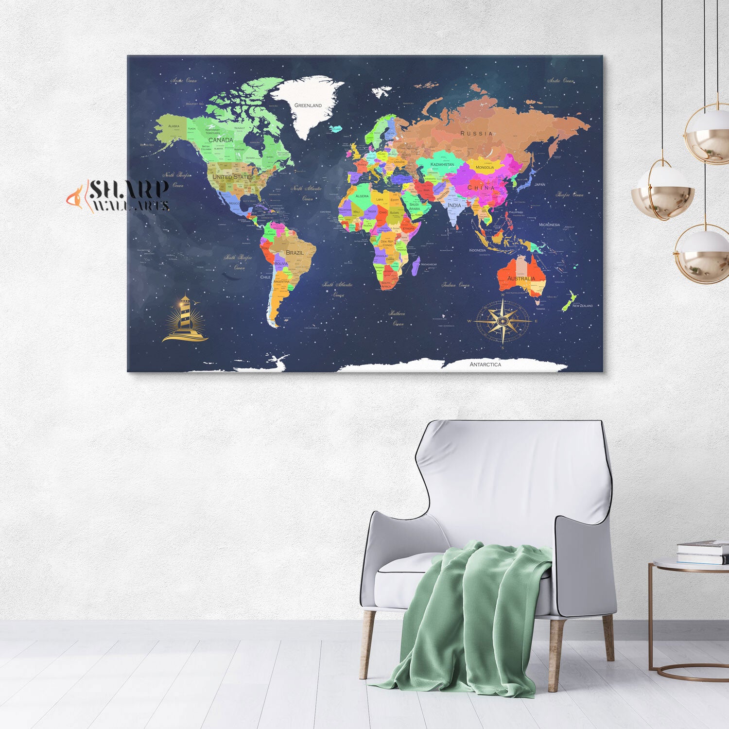 World Map Wall Art Navy - Living Room Wall Decor