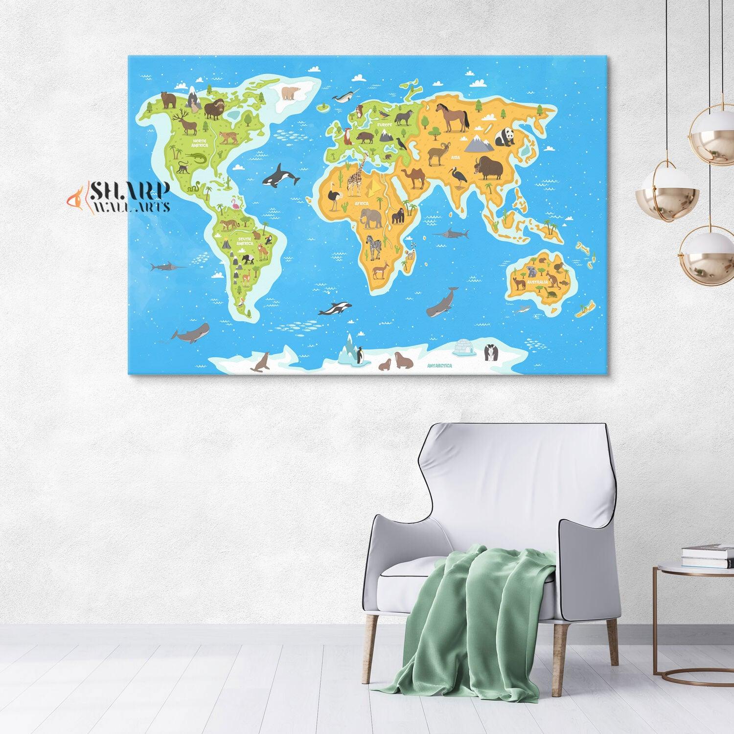 Animal World Map Print - Children's Room Decor - SharpWallArts