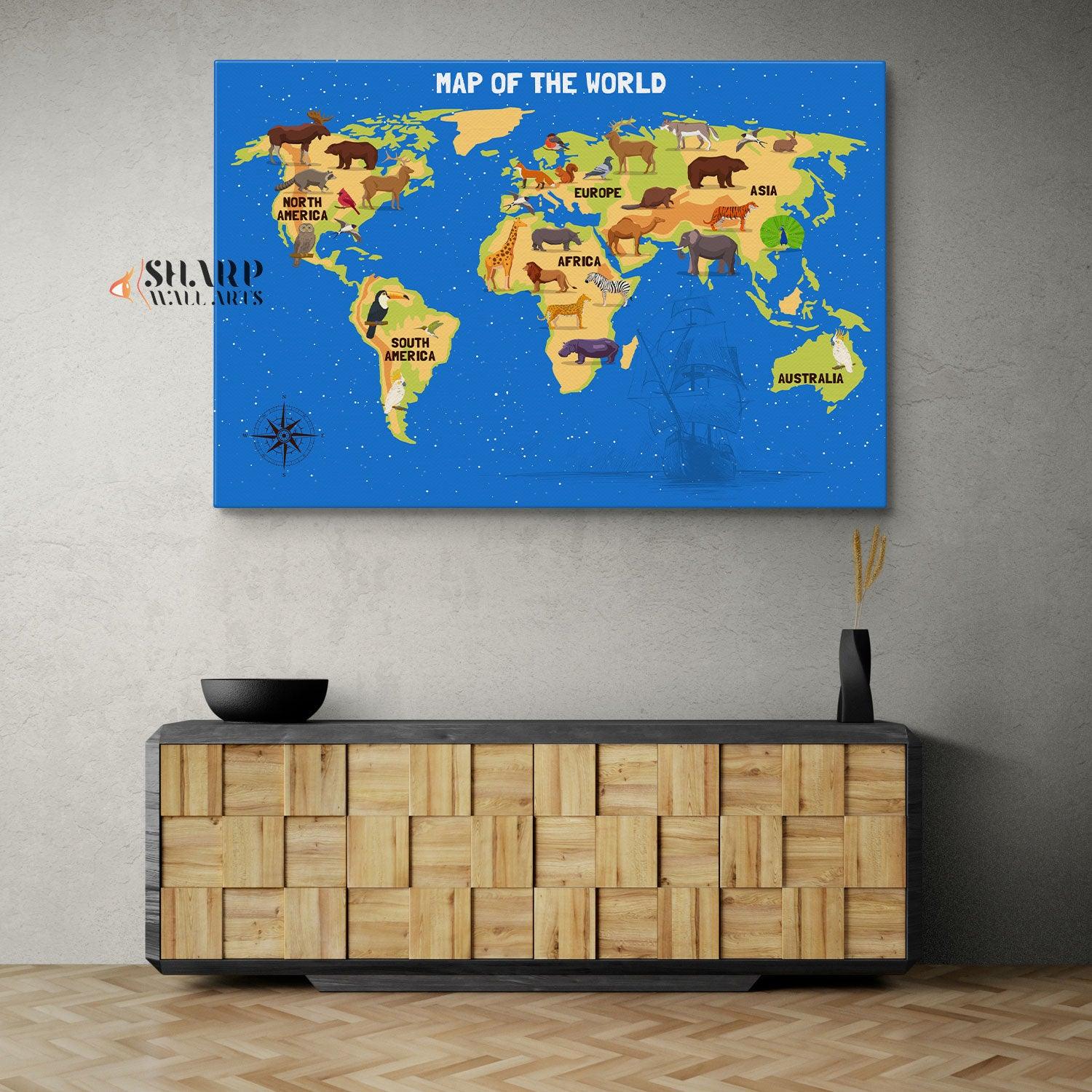 Kids World Map Canvas - Playroom Decor Wall Art - SharpWallArts