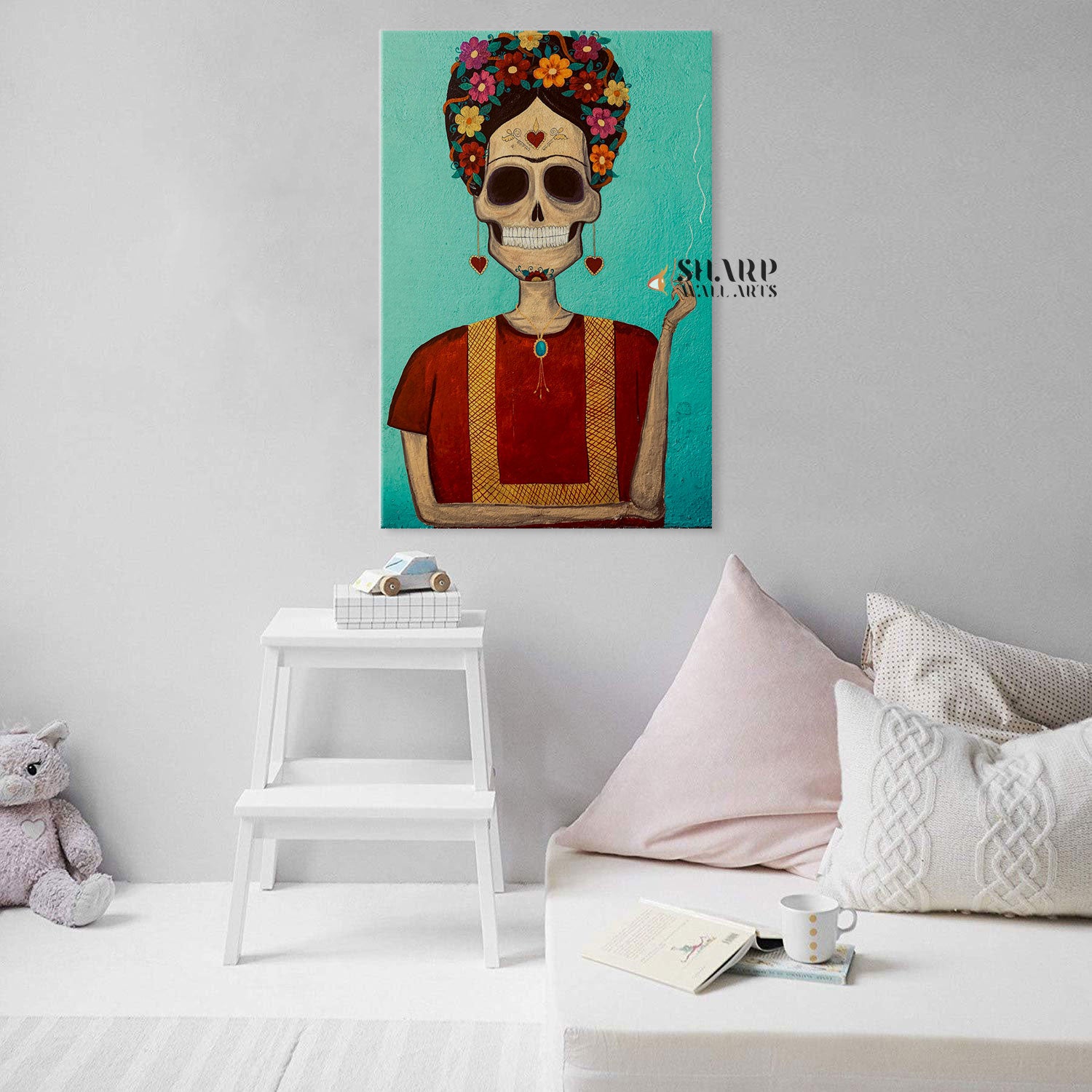 Frida Kahlo Portrait Skull Smoking Canvas Wall Art
