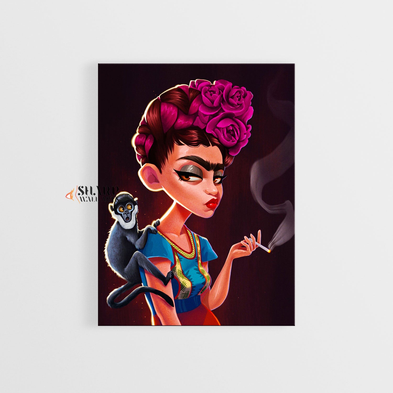 Frida Kahlo Smoking with Monkey Canvas Wall Art