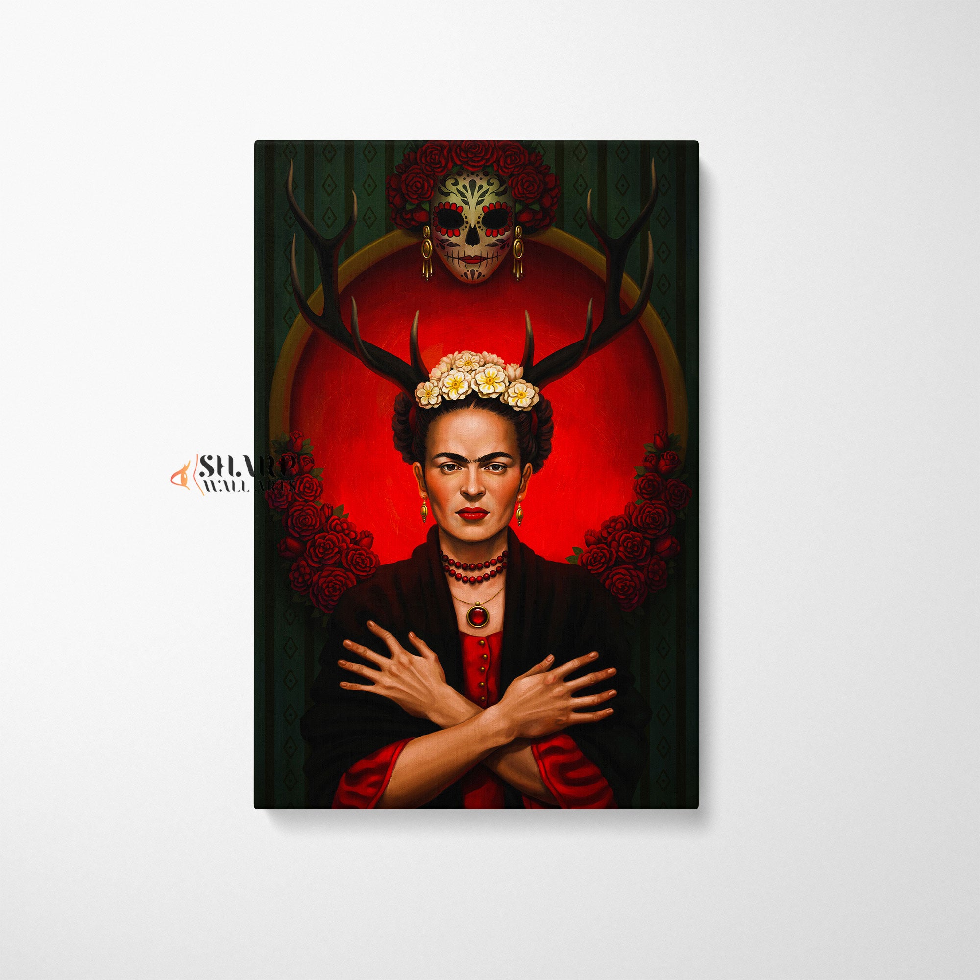 Frida Kahlo Red Deer Horns Canvas Wall Art