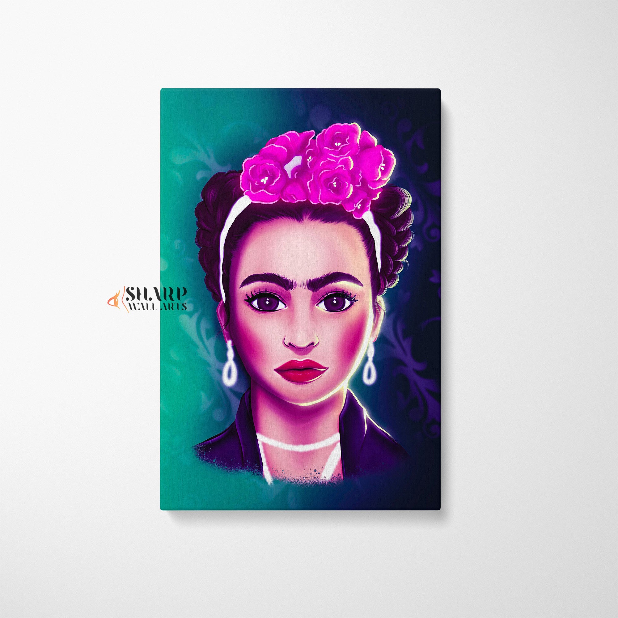 Frida Kahlo And Purple Flowers Cartoon Character Canvas Wall Art