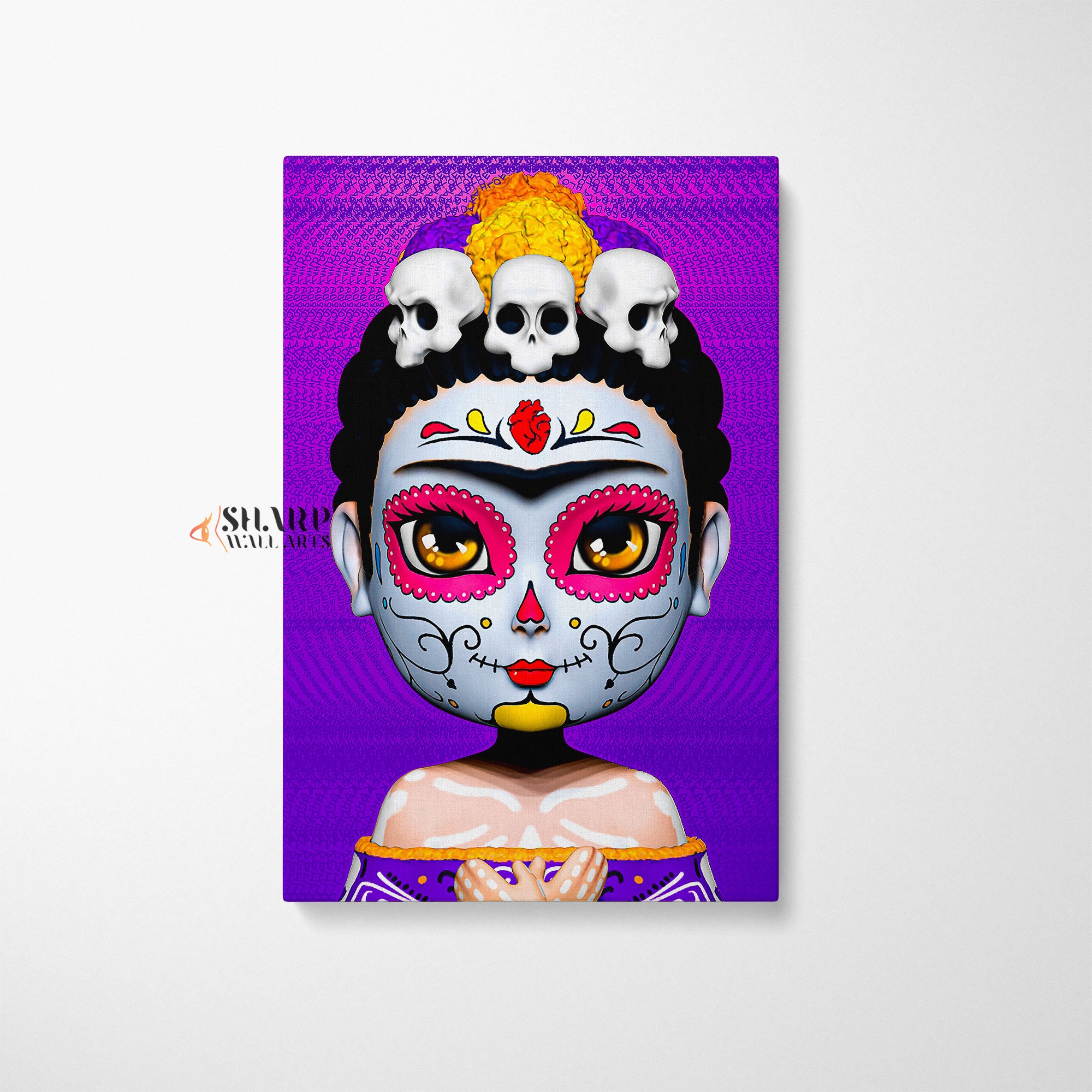 Frida Kahlo Skull Cartoon Style Purple Canvas Wall Art