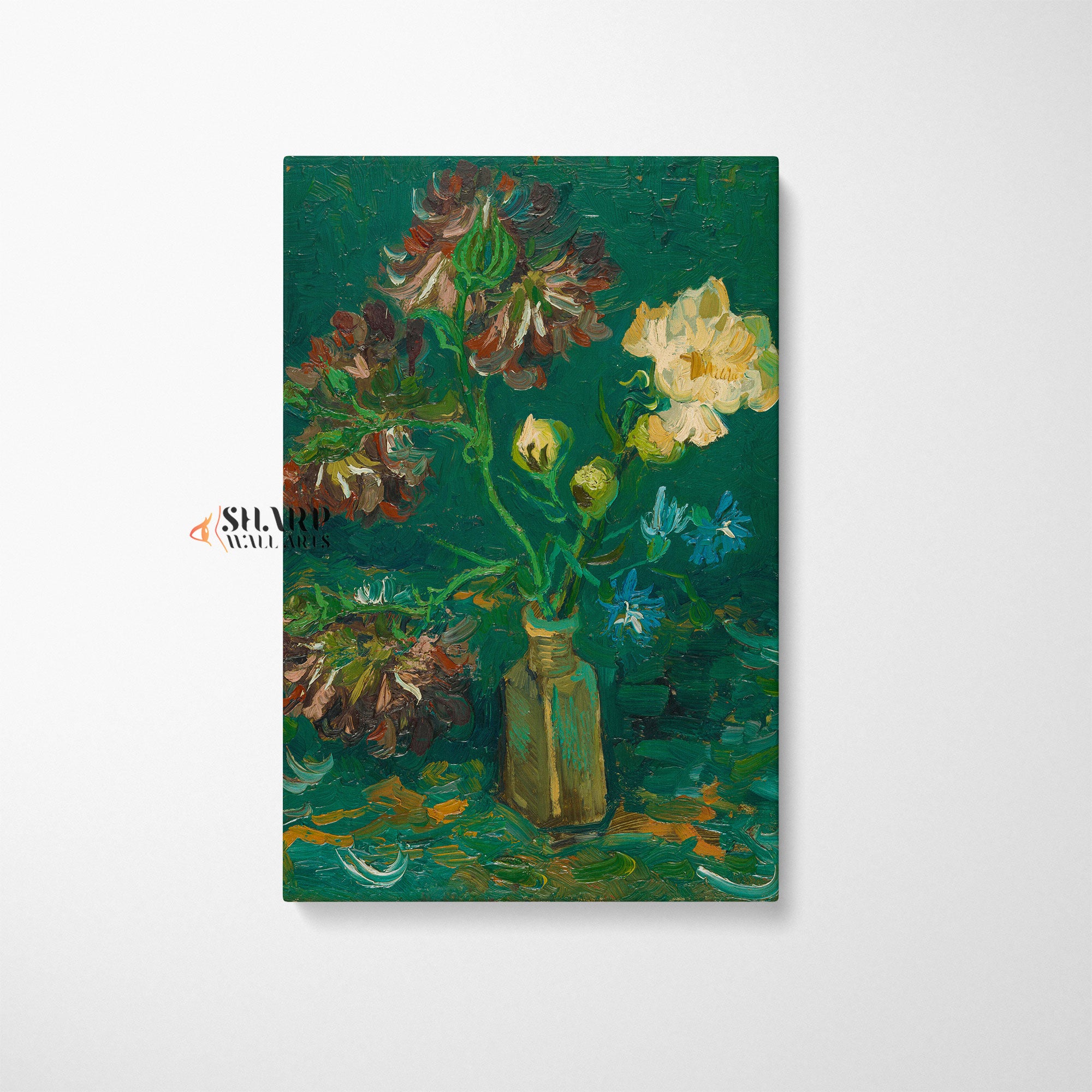 Vincent van Gogh Small Bottle With Peonies And Blue Delphiniums Canvas Wall Art